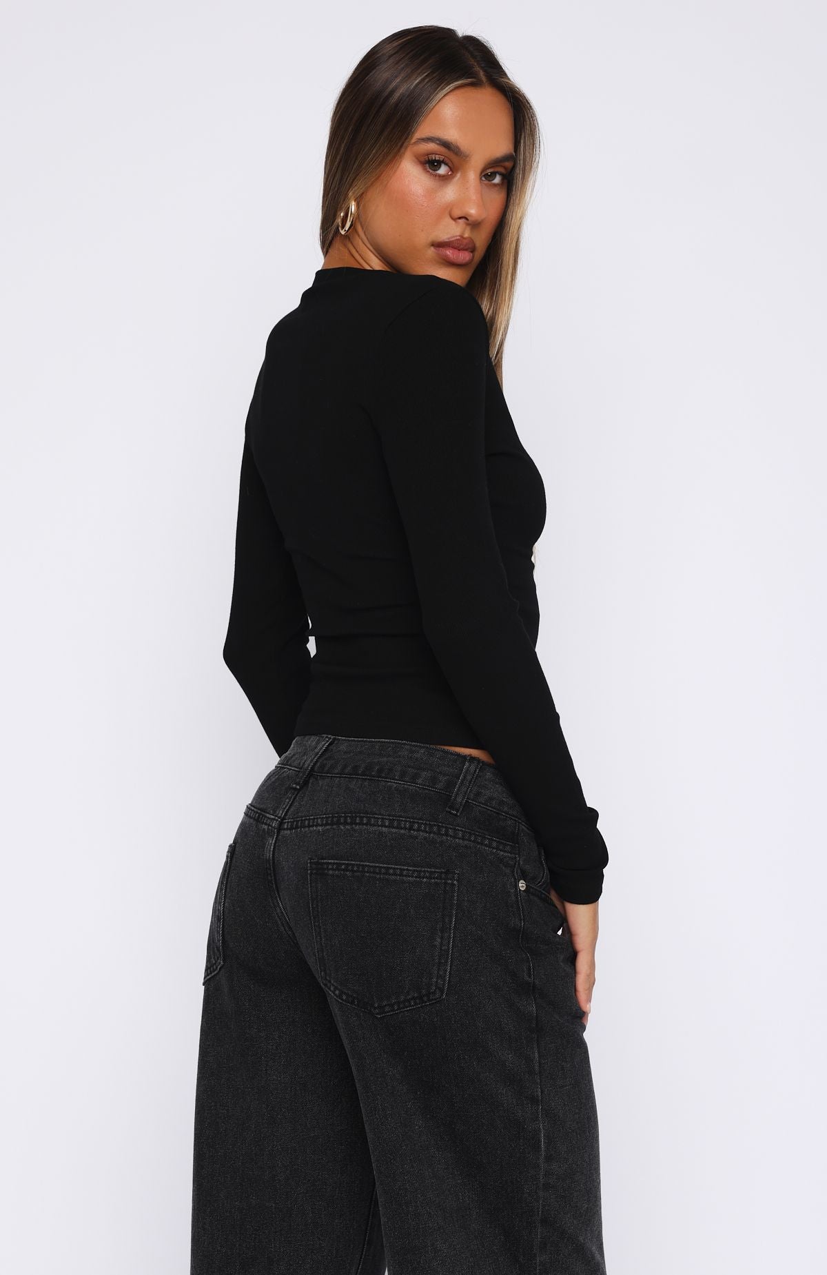 Roll Call Ribbed Long Sleeve Top Black - Image 4