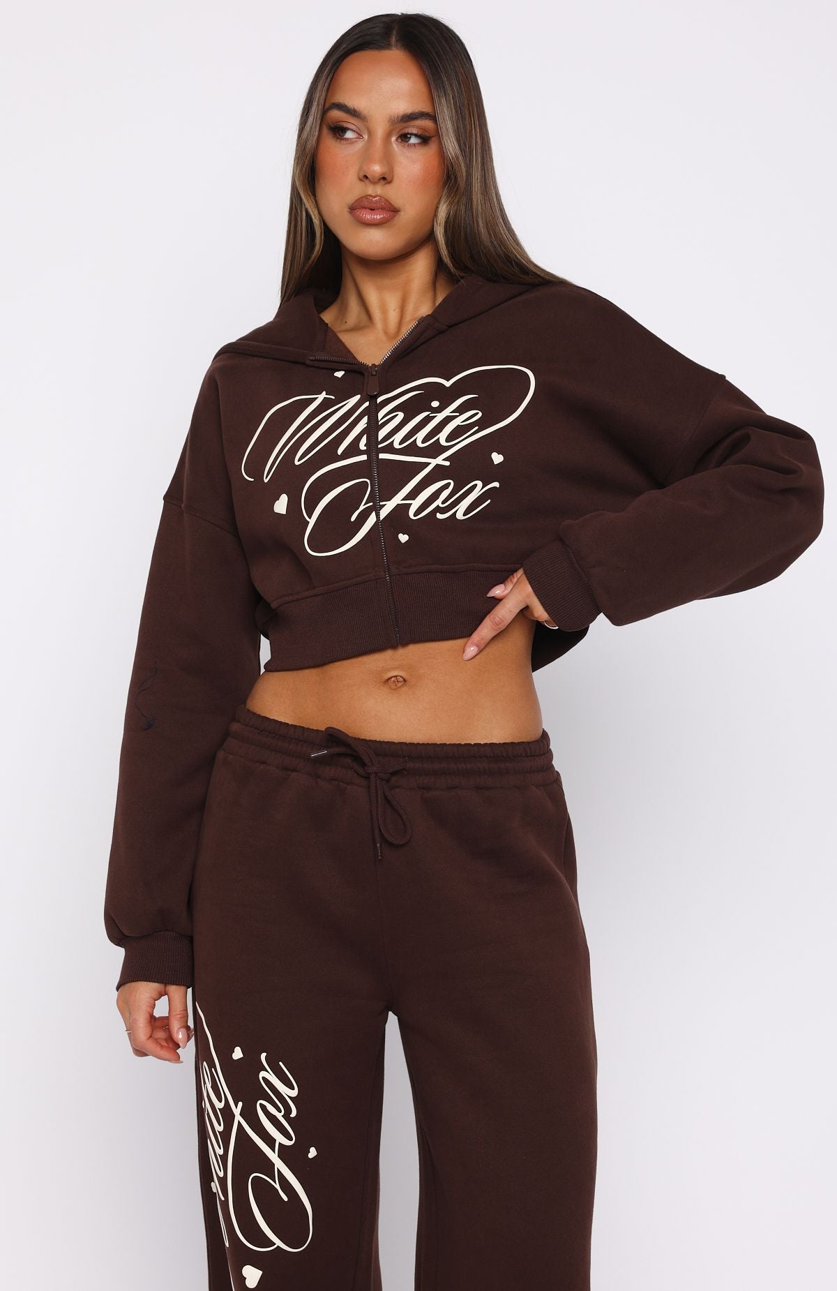 Love You Regardless Cropped Zip Front Hoodie Chocolate - Image 2