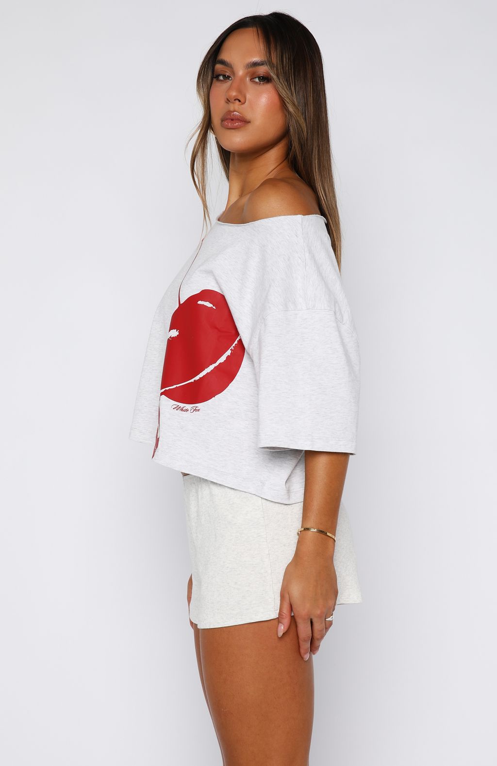 Just In Time Off Shoulder Cropped Tee Grey Marle - Image 3