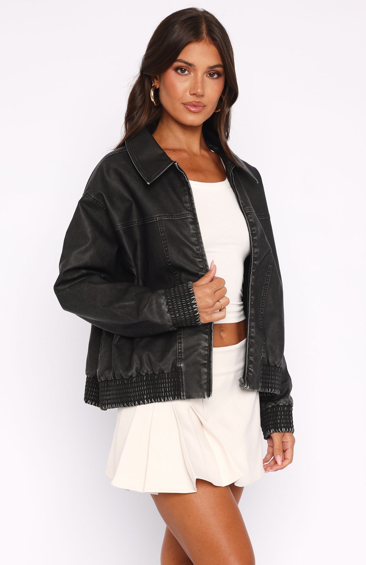 Make Things Right PU Bomber Jacket Washed Black - Image 3