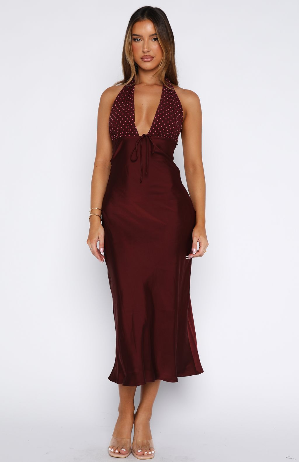 Guess You Miss Me Halter Maxi Dress Burgundy/Pink Dot - Image 3