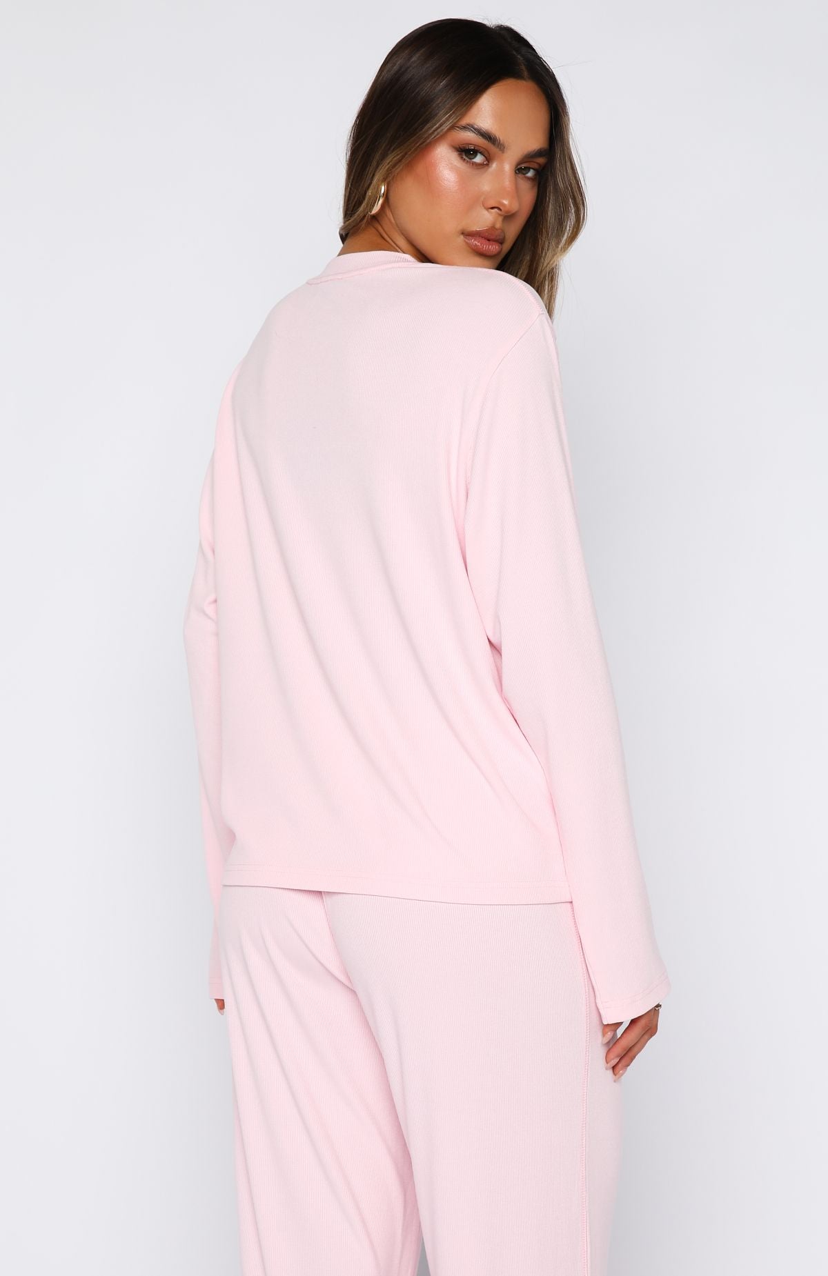 Come A Long Way Soft Lounge Relaxed Long Sleeve Ribbed Tee Pink - Image 4