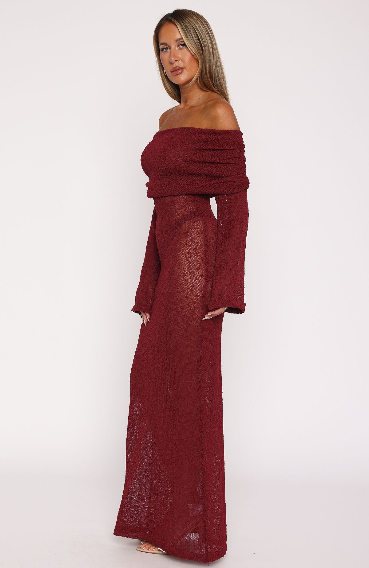 Made It Out Long Sleeve Boucle Maxi Dress Burgundy - Image 3