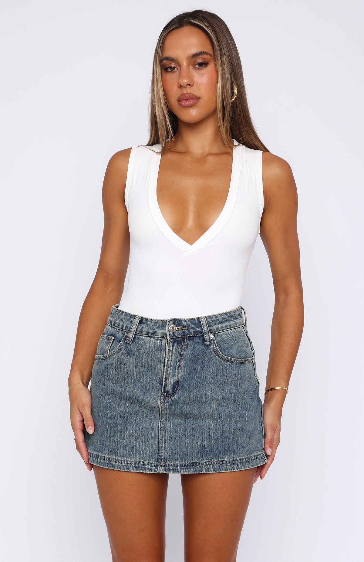 Don't Leave Me Denim Skort Brown Blue Acid - Image 2