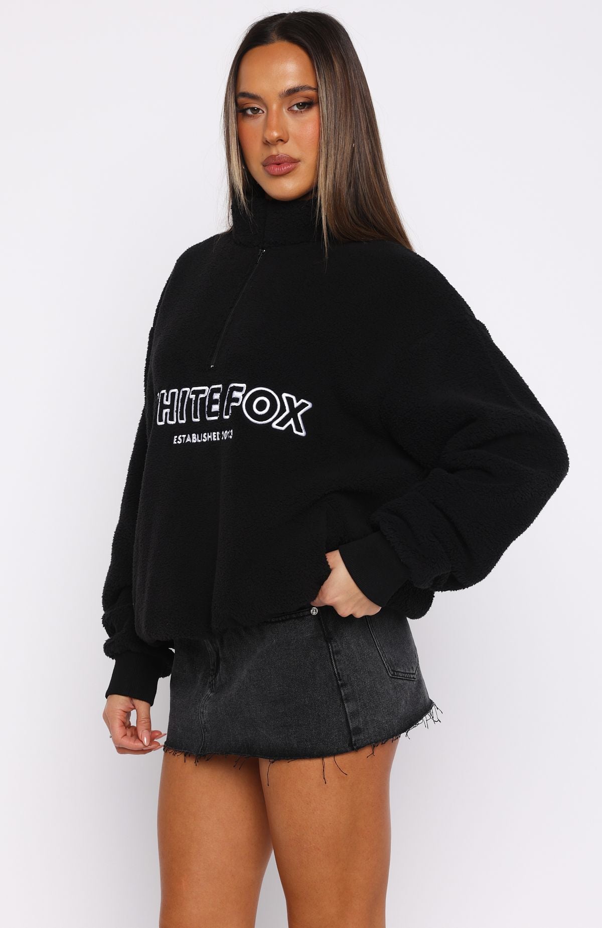 Hard To Stay Focused Teddy Borg Zip Front Sweater Black - Image 3