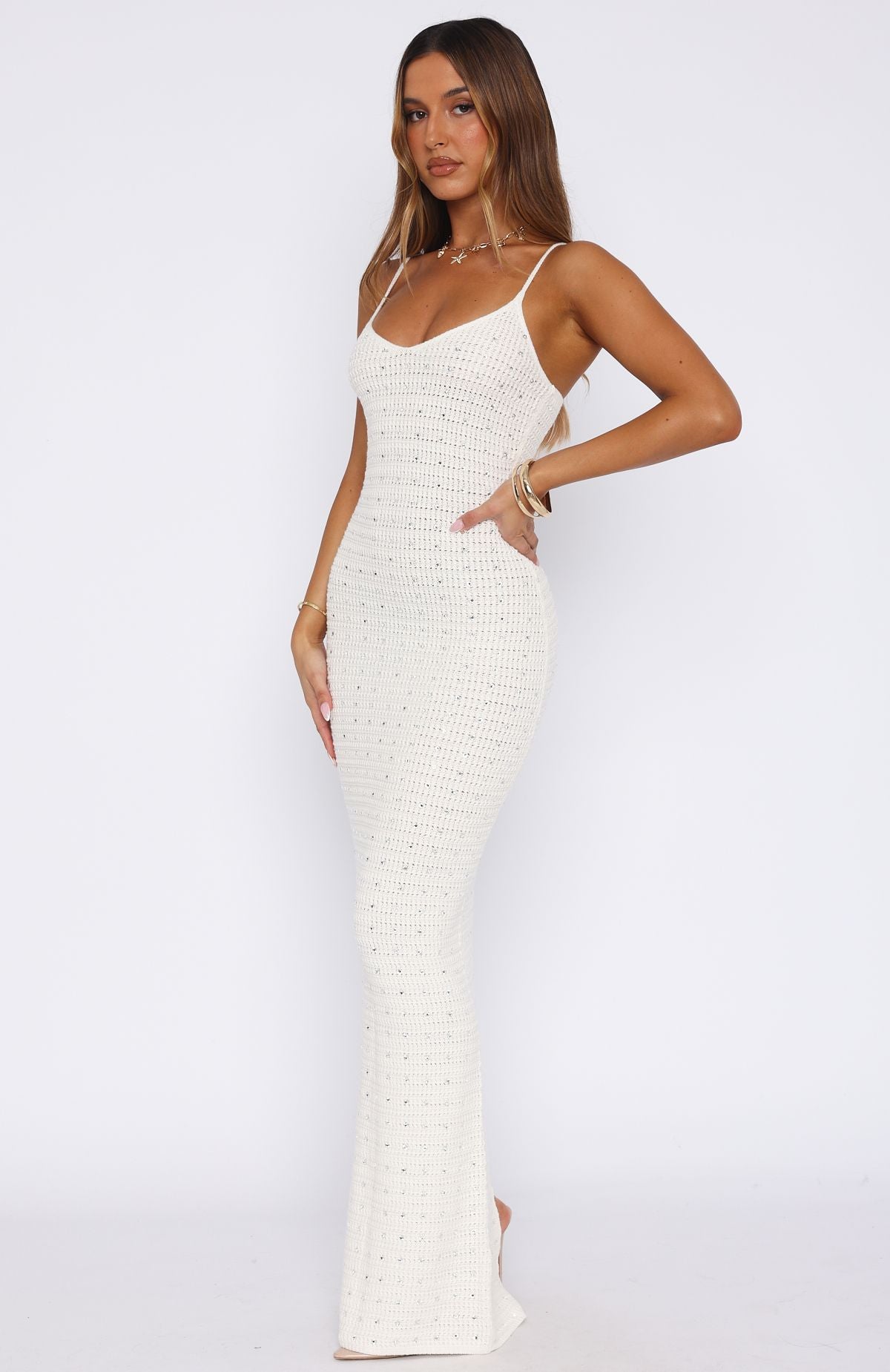 Gotta Give Me Embellished Crochet Maxi Dress Off White - Image 3