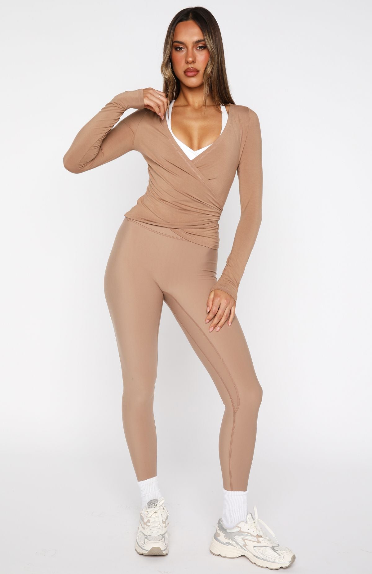Staying Cute Long Sleeve Wrap Top Caramel - Image 5