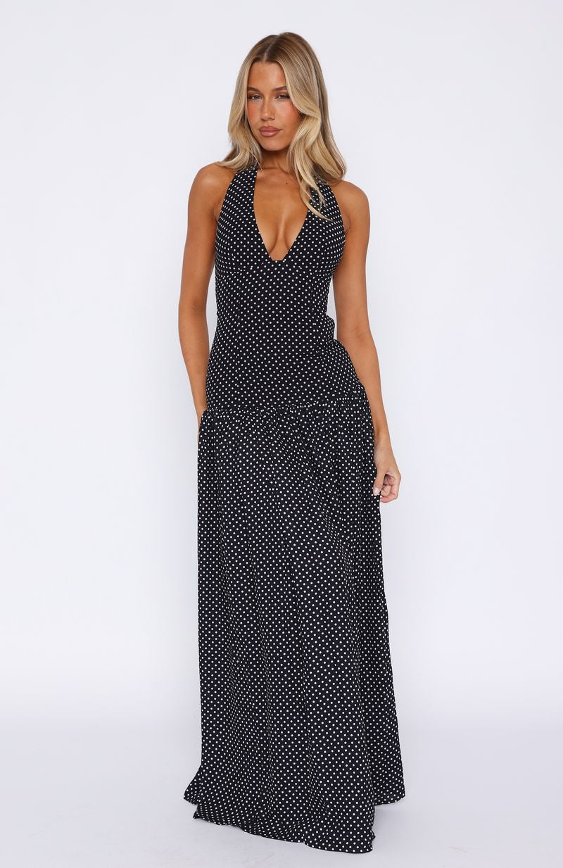 Sweet Temptation Halter Maxi Dress Black/ White Polka Dot - Image 2