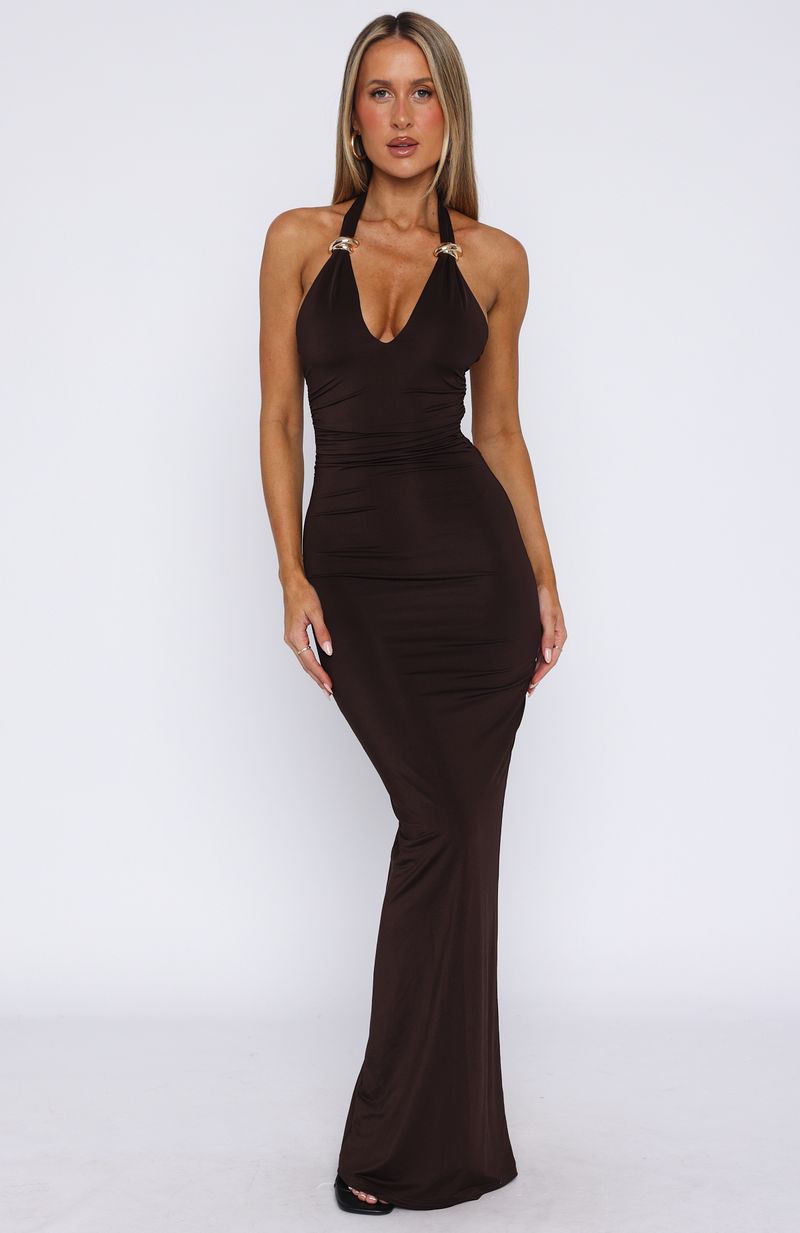 Waste A Moment Halter Maxi Dress Chocolate - Image 2