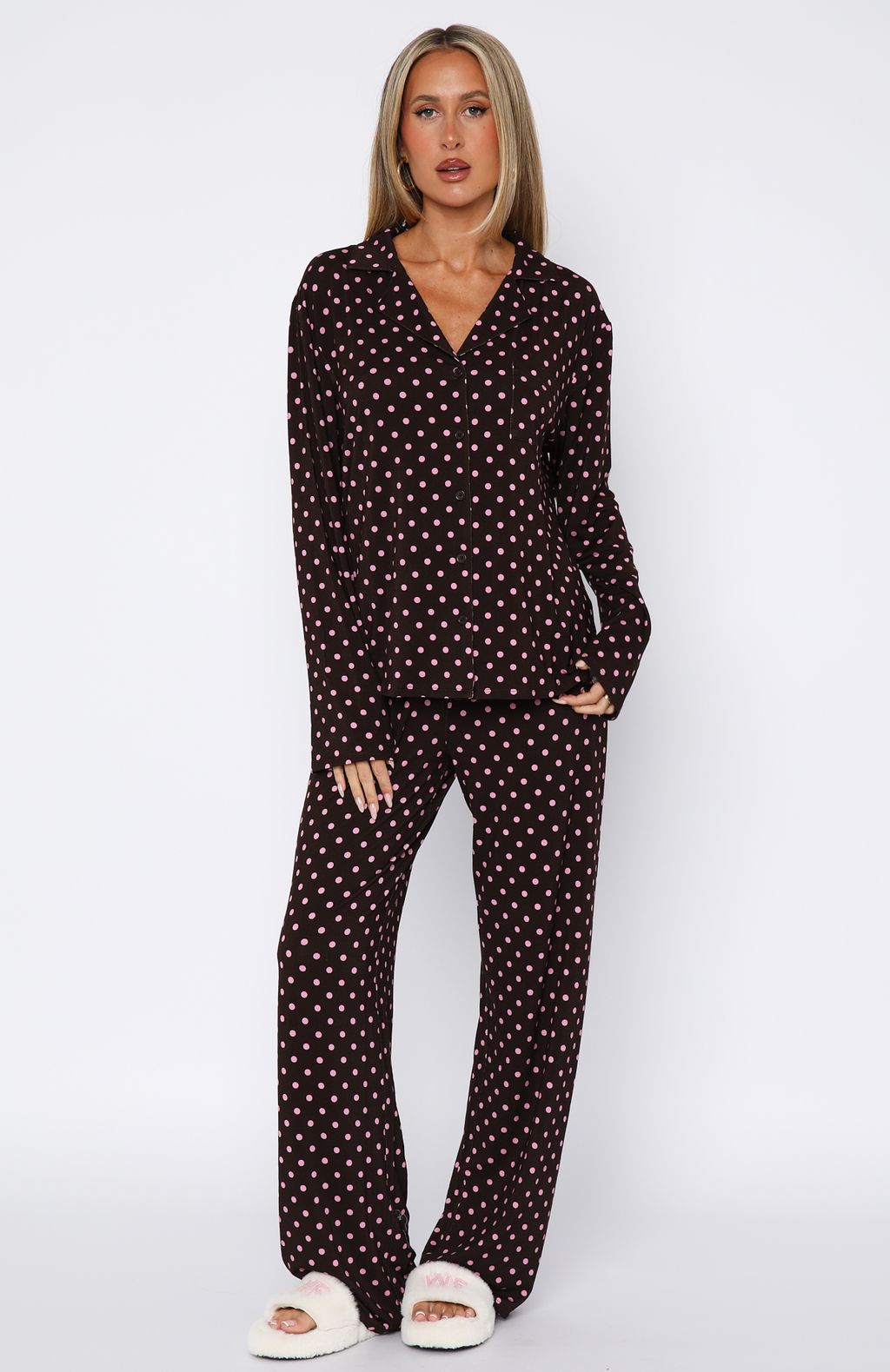 Pillow Talk Printed Long Sleeve Pyjama Set Choc/Pink Polka Dot - Image 2