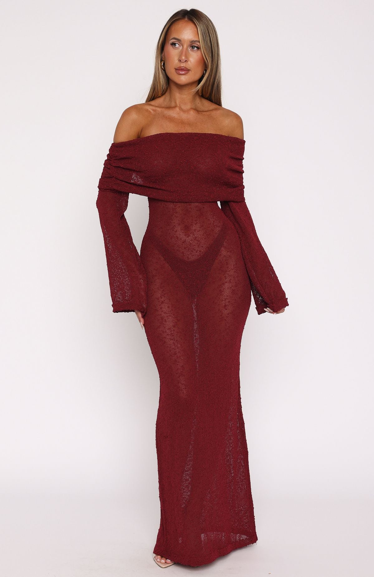 Made It Out Long Sleeve Boucle Maxi Dress Burgundy - Image 2
