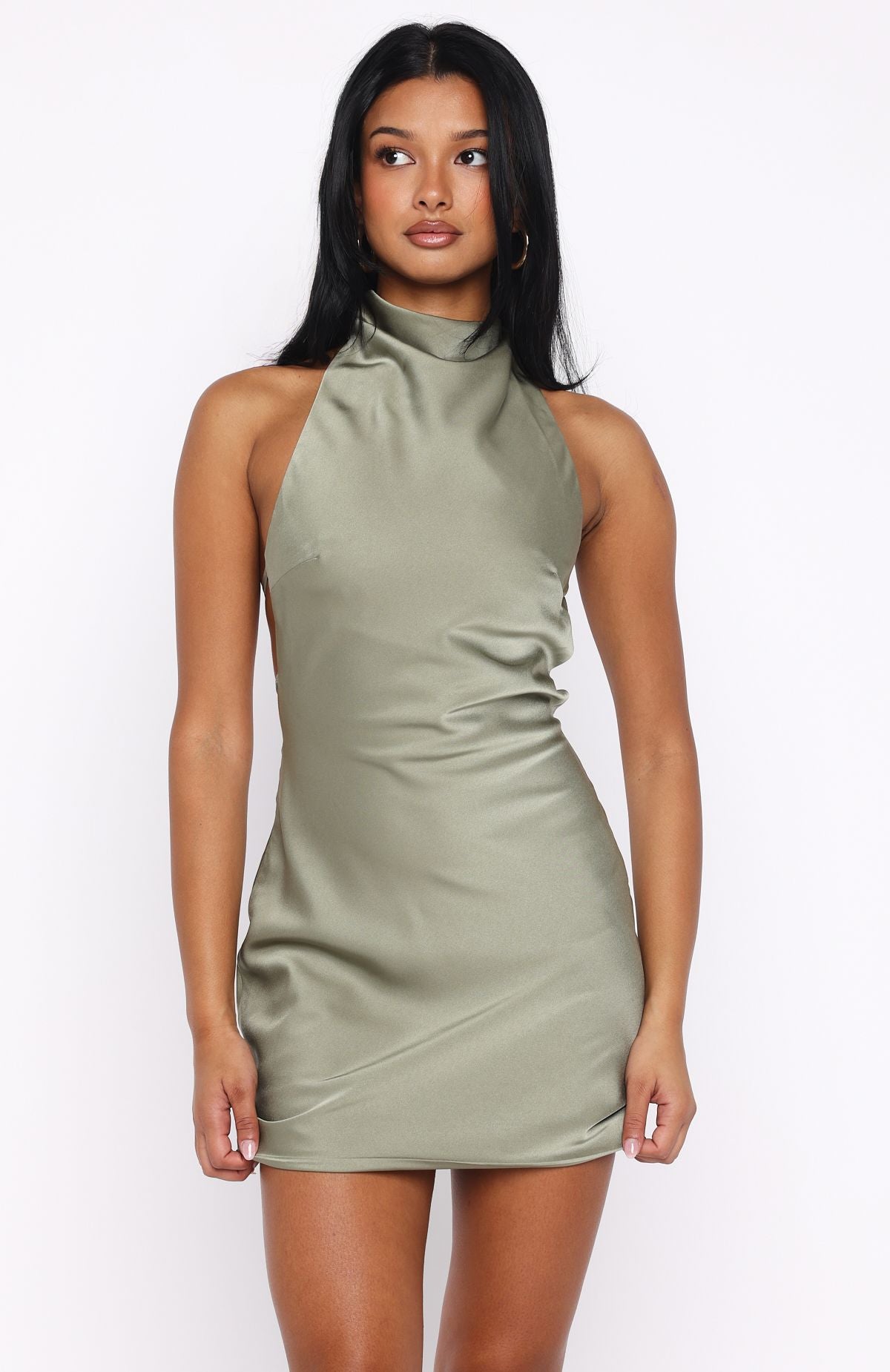 Just Small Talk Halter Mini Dress Khaki - Image 3