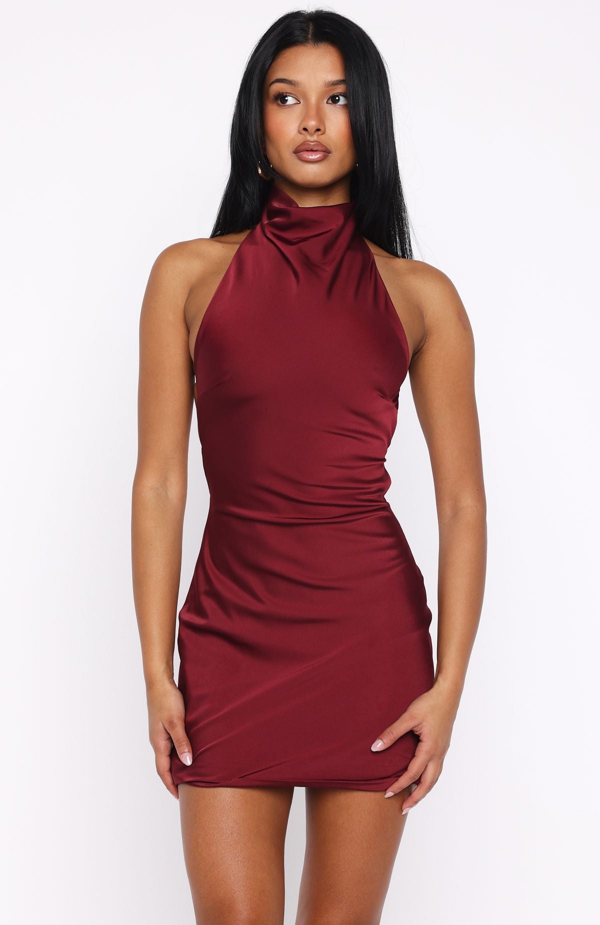 Just Small Talk Halter Mini Dress Wine - Image 3