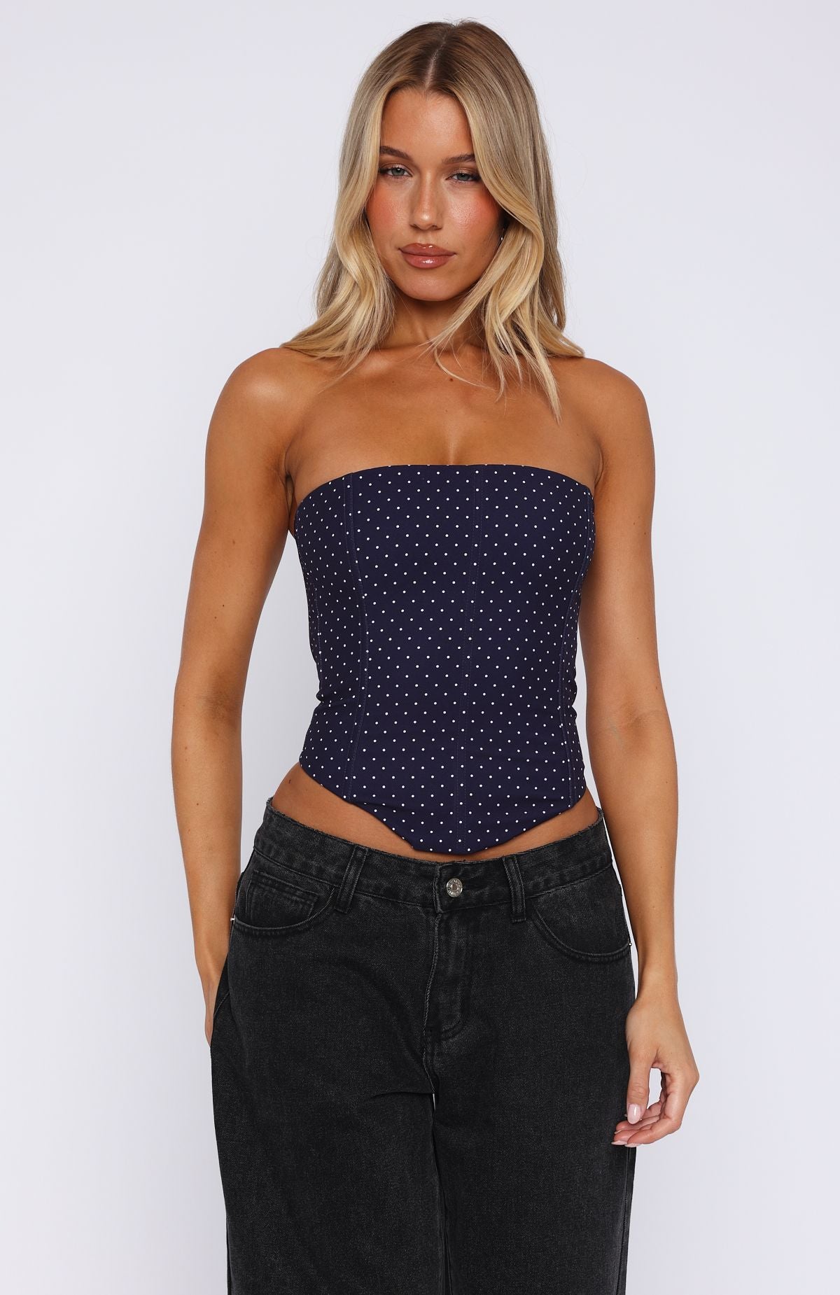Let It Go Strapless Bustier Navy Polka Dot - Image 2