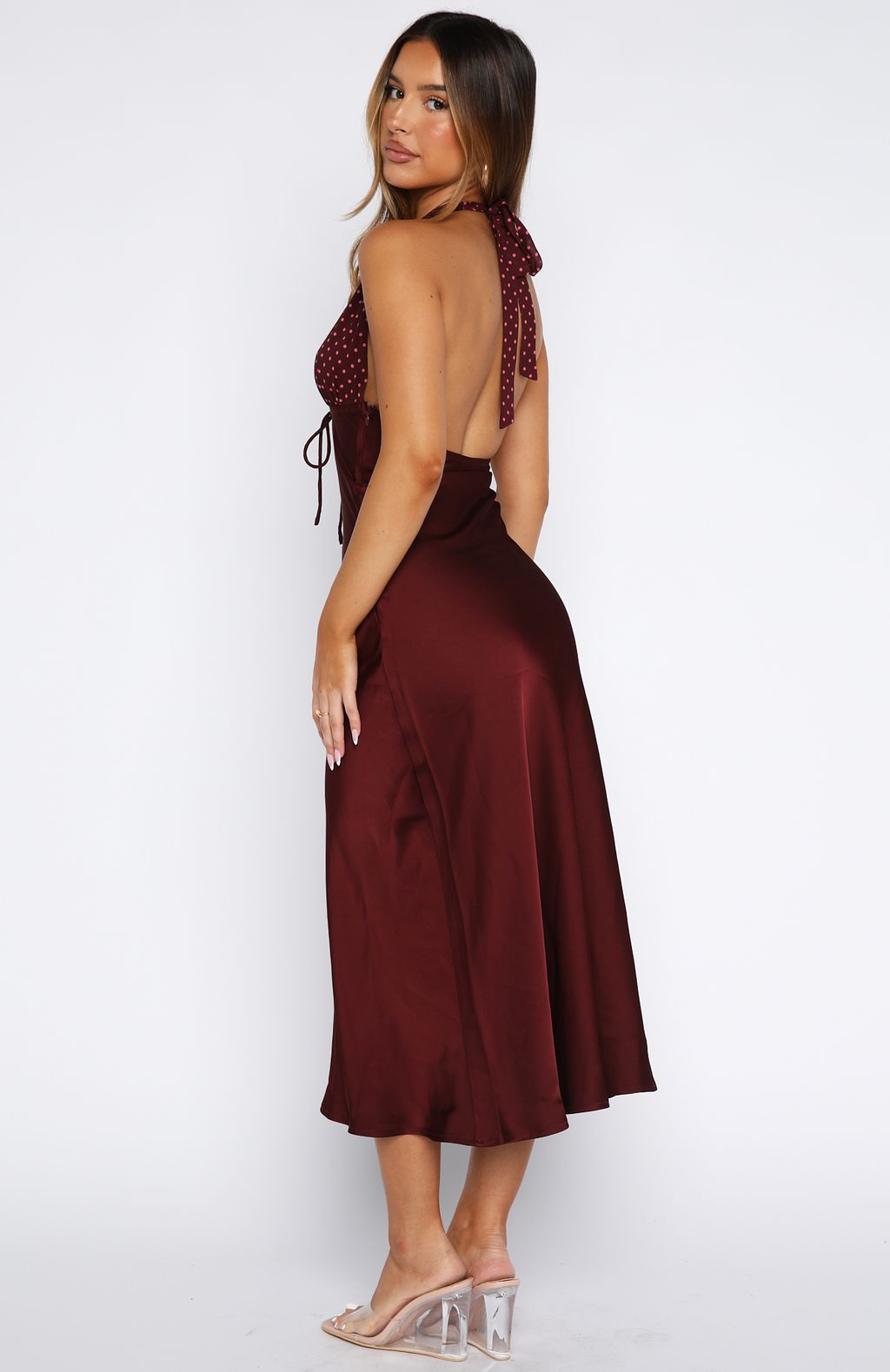 Guess You Miss Me Halter Maxi Dress Burgundy/Pink Dot - Image 5