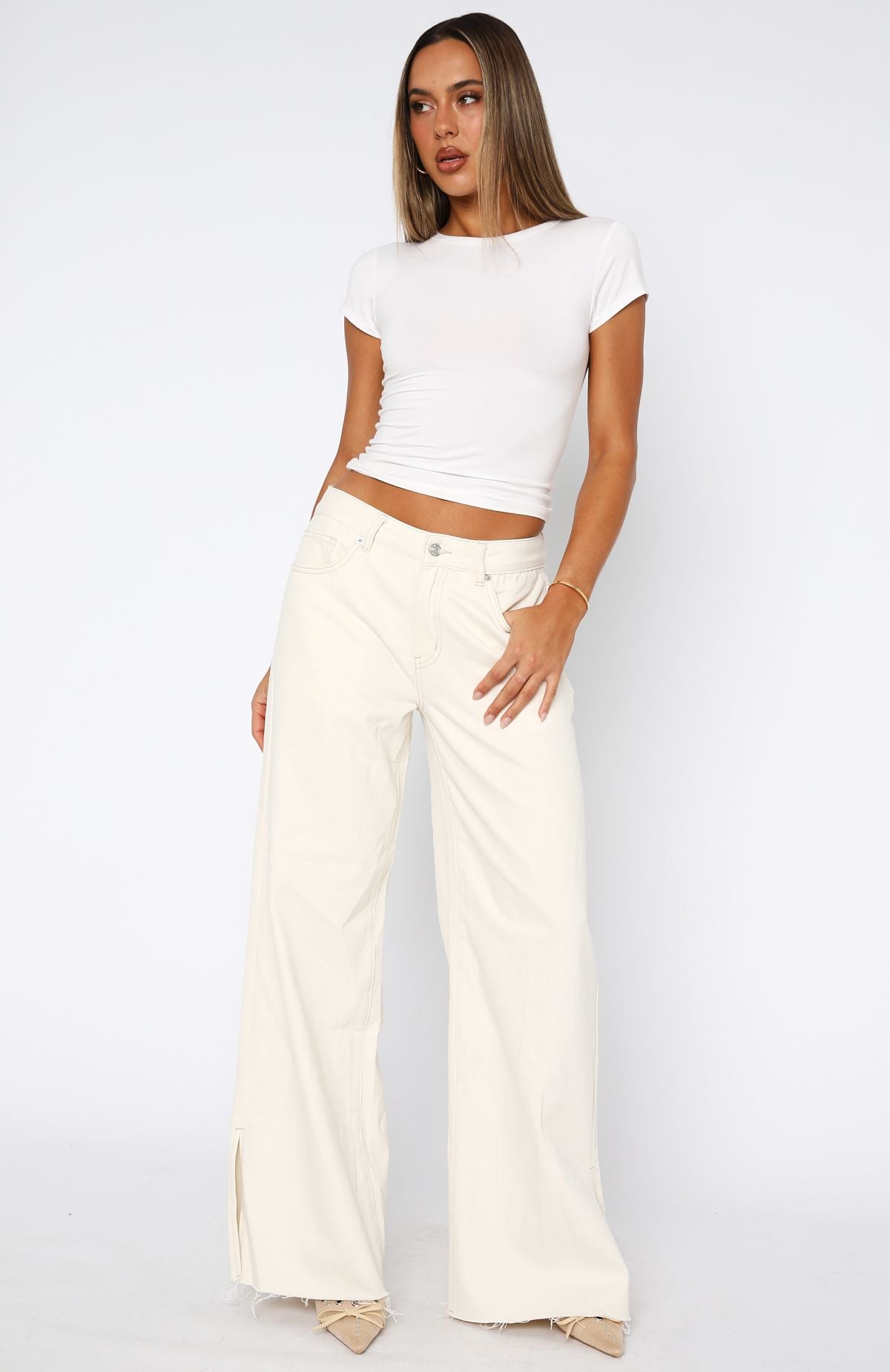Summer Mid Rise Wide Leg Jeans Cream - Image 2