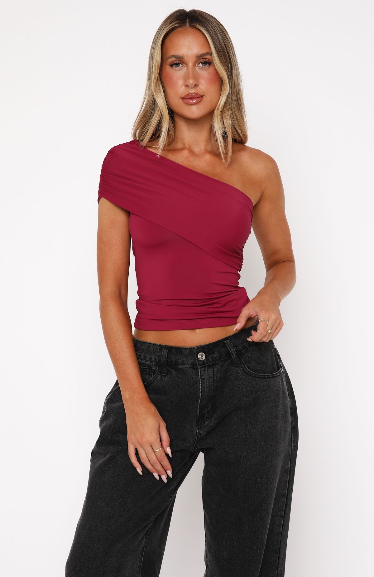 Don't Worry About It One Shoulder Top Berry - Image 2