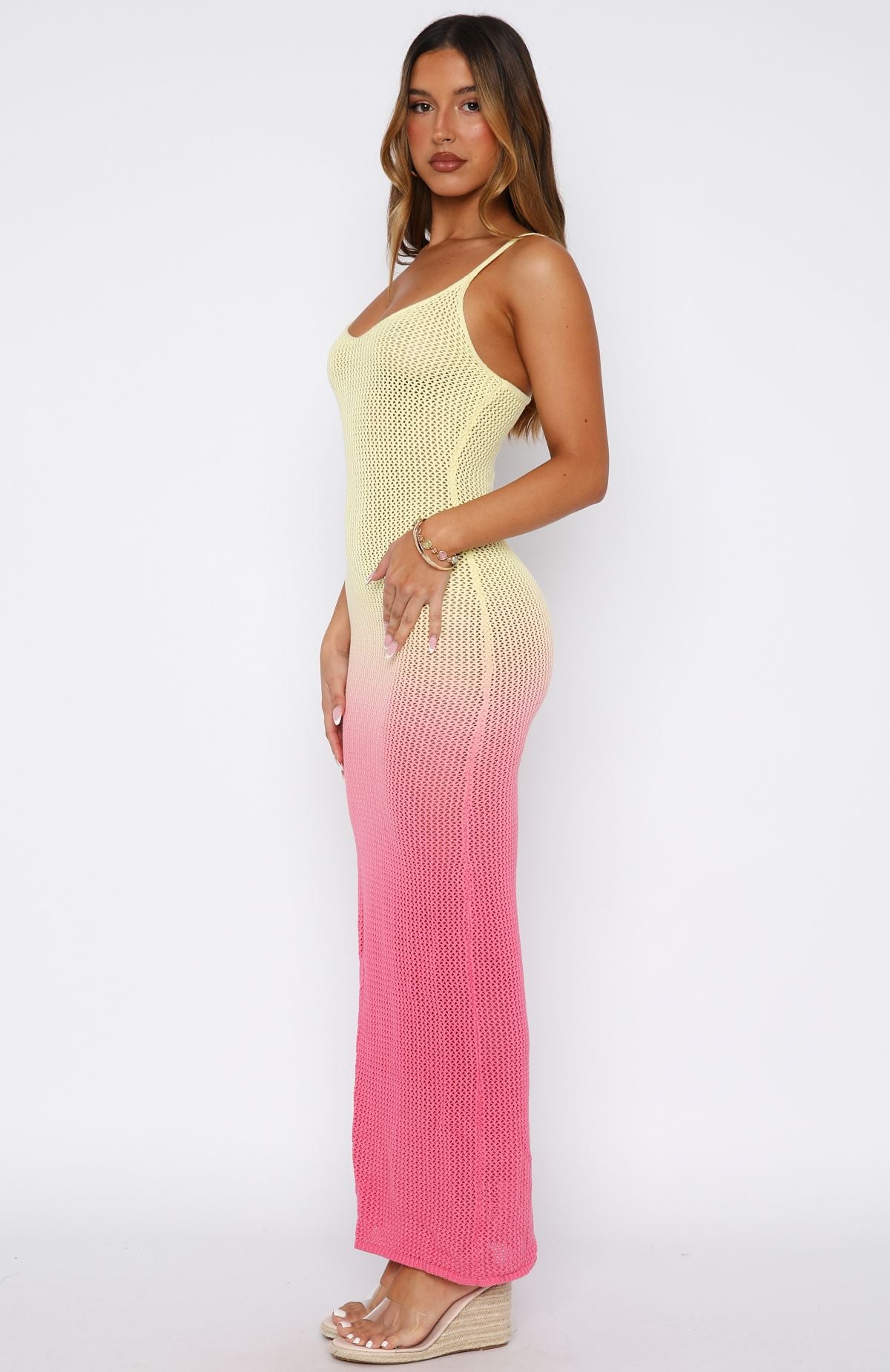 Sunshine Soul Crochet Maxi Dress Lemon/Pink Ombre - Image 3