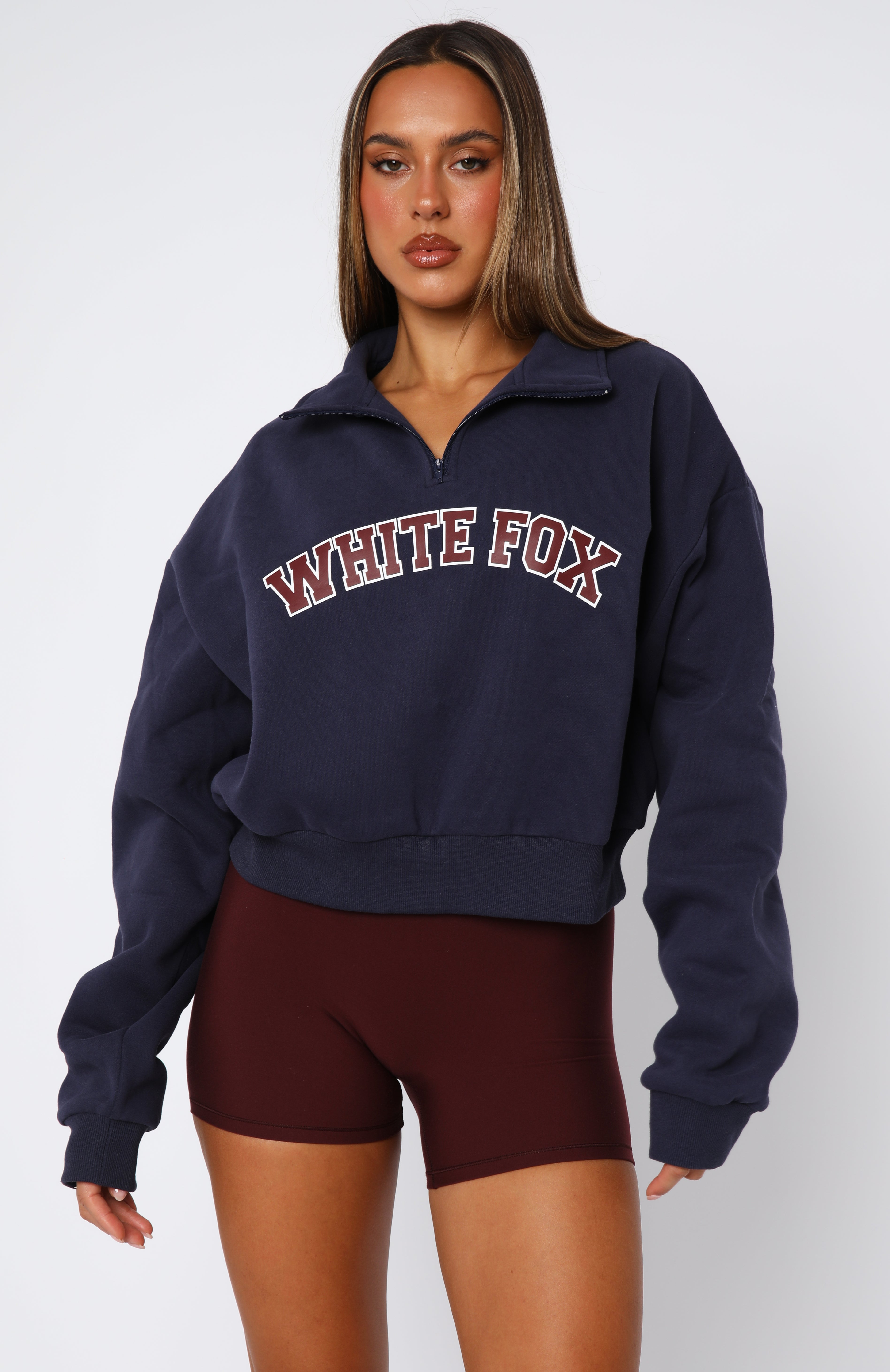 Let The Bells Ring Cropped Quarter Zip Sweater Navy - Image 2