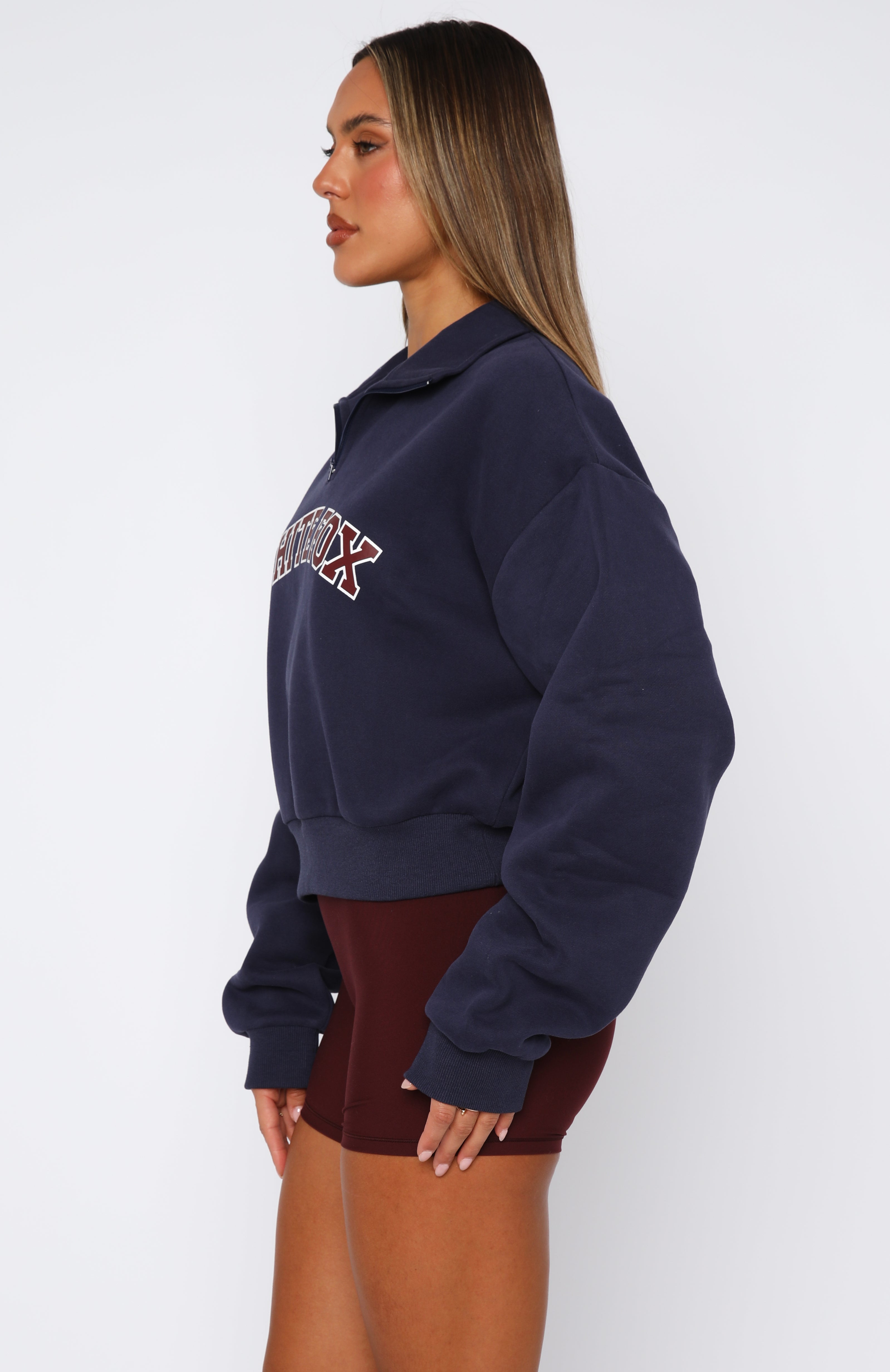 Let The Bells Ring Cropped Quarter Zip Sweater Navy - Image 3