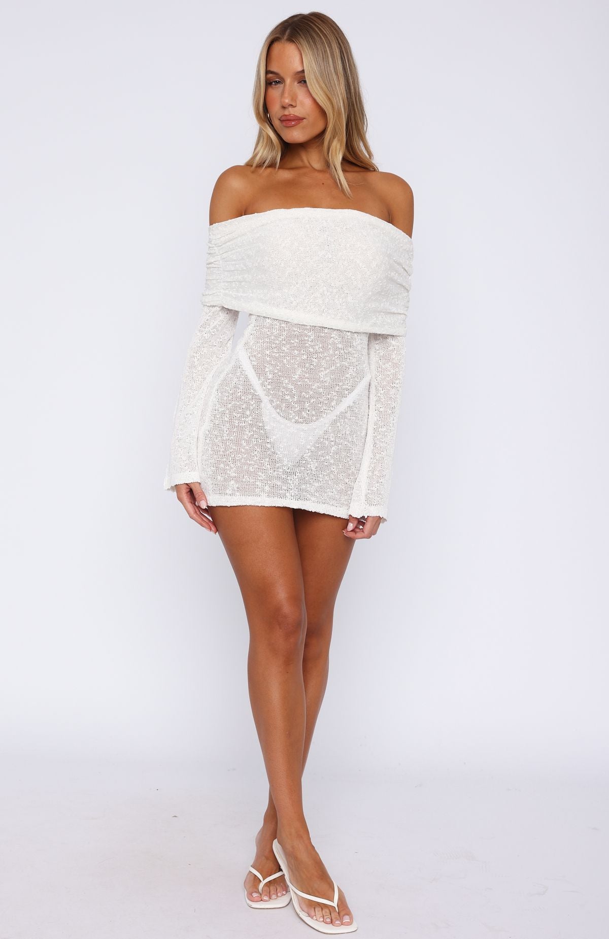 Can't Leave Me Long Sleeve Boucle Mini Dress White - Image 5