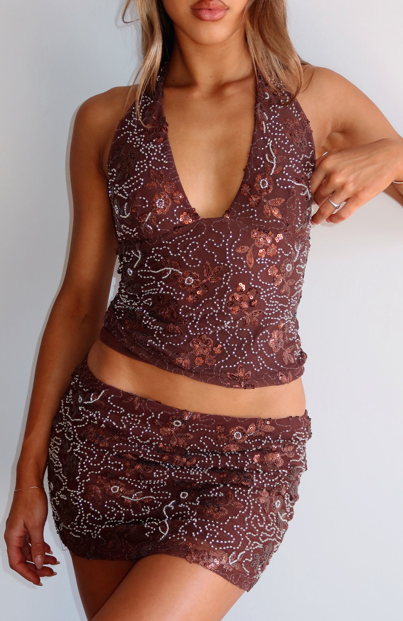 Capri Cove Beaded Mini Skirt Chocolate - Image 2