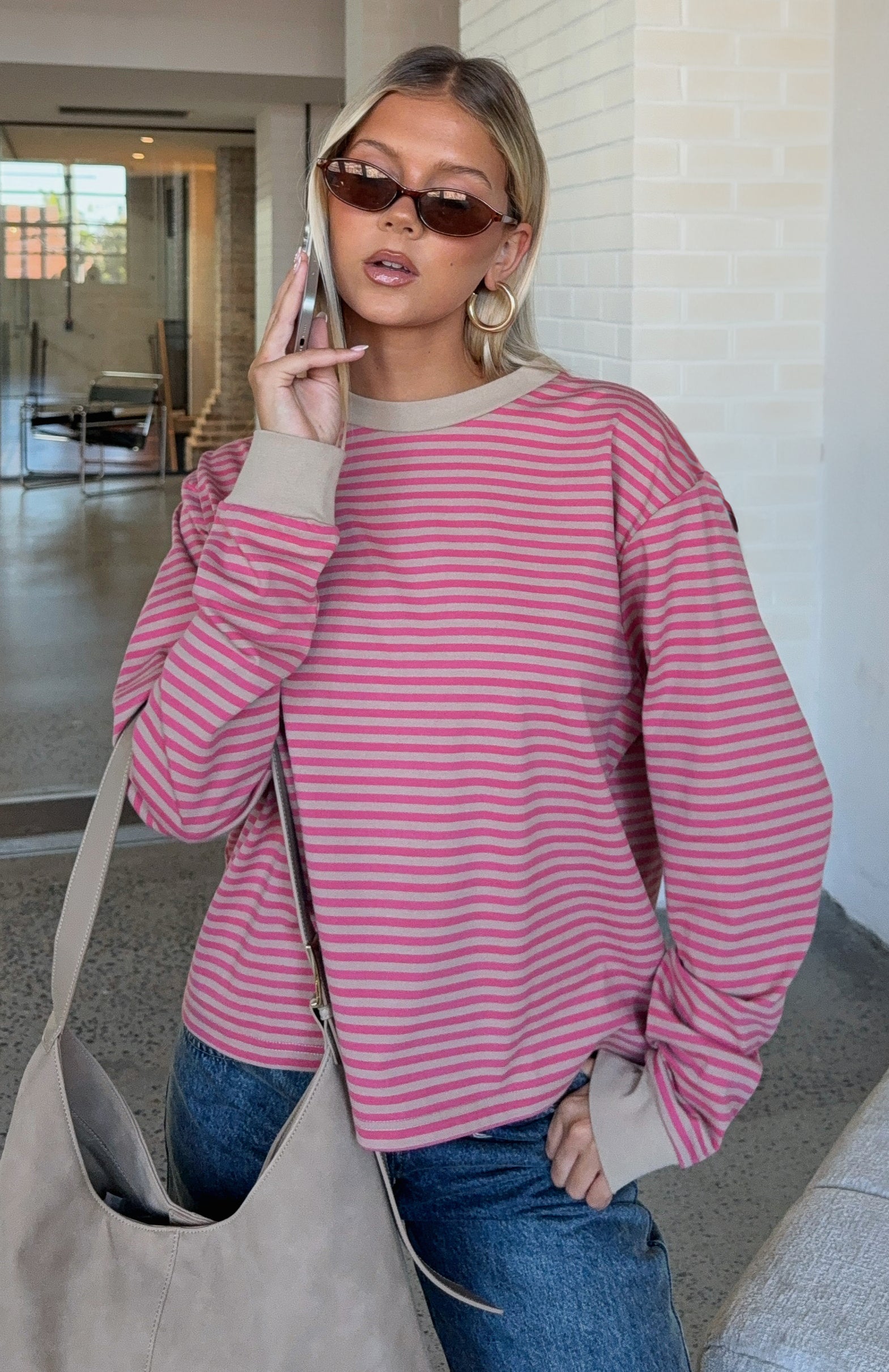Catch The Drift Long Sleeve Tee Pink/Stone Stripe - Image 2