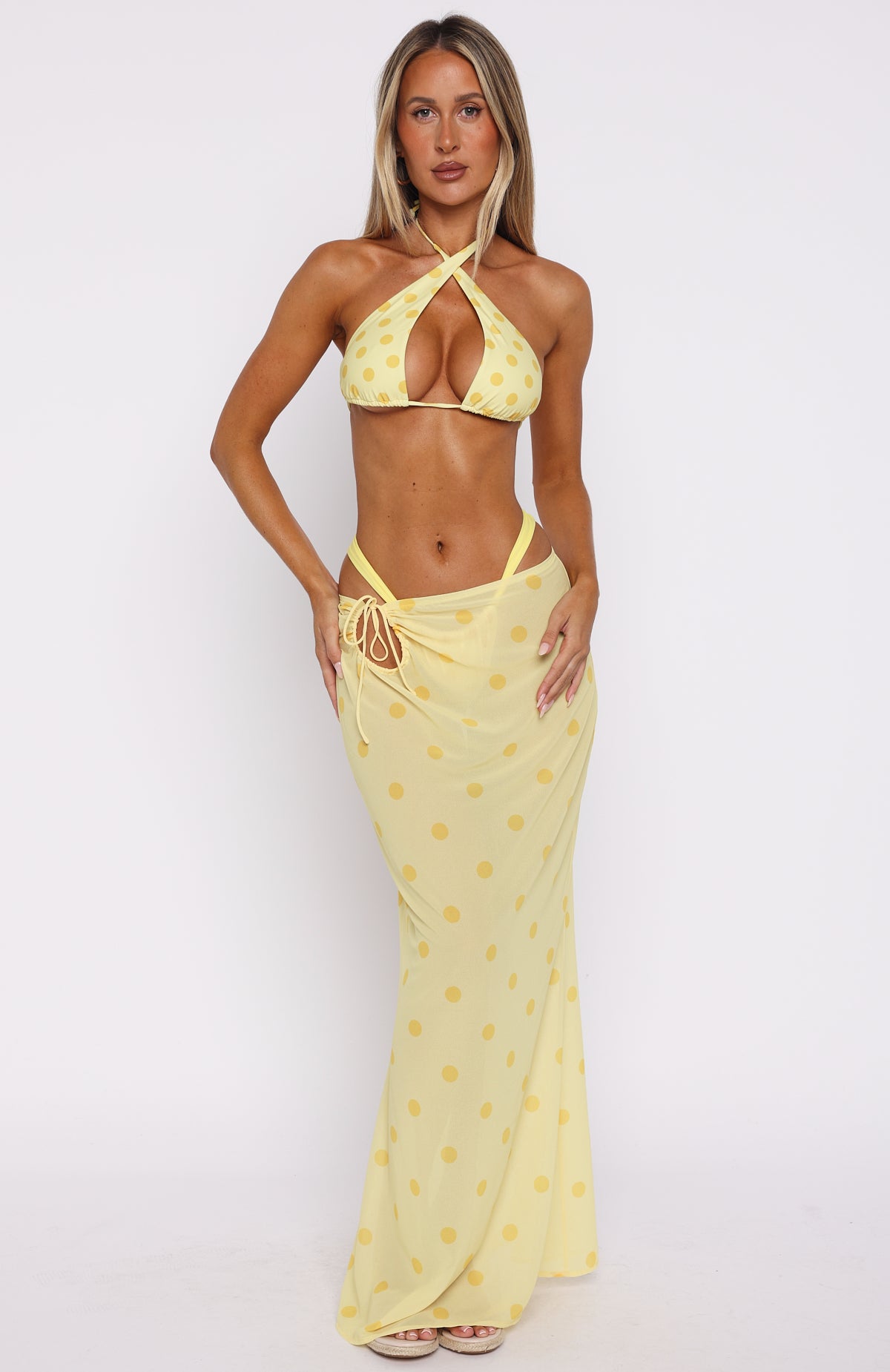 Crowd Pleaser Maxi Skirt Lemon Polka Dot - Image 2