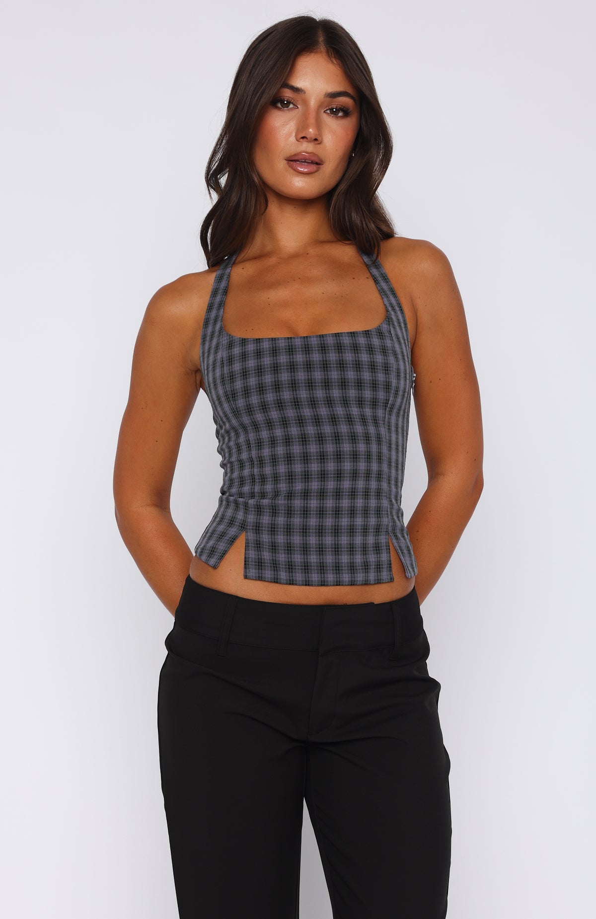 Don't Wanna Wait Halter Top Midnight Tartan - Image 2