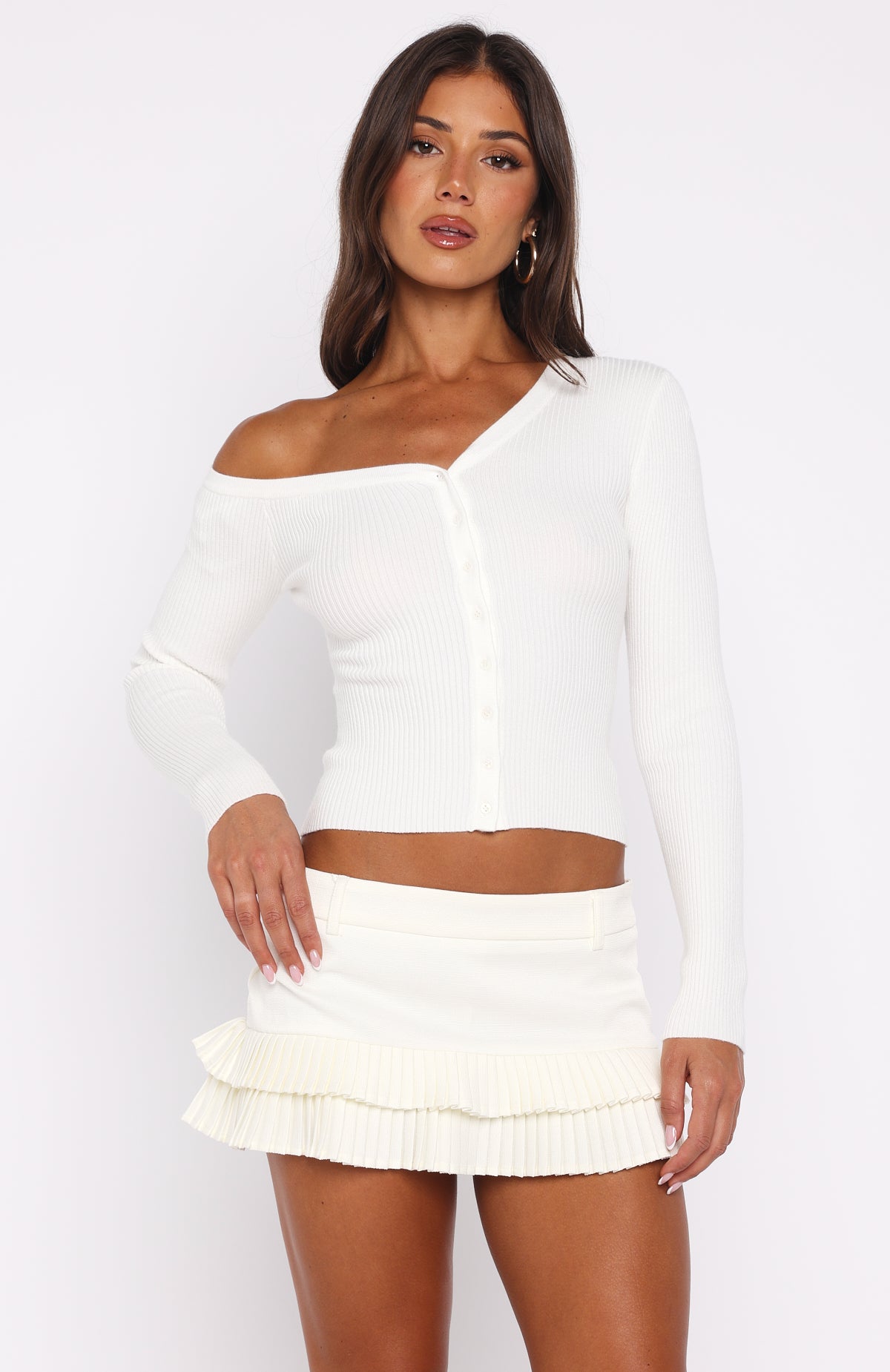 Double Dates Long Sleeve Knit Top White - Image 2