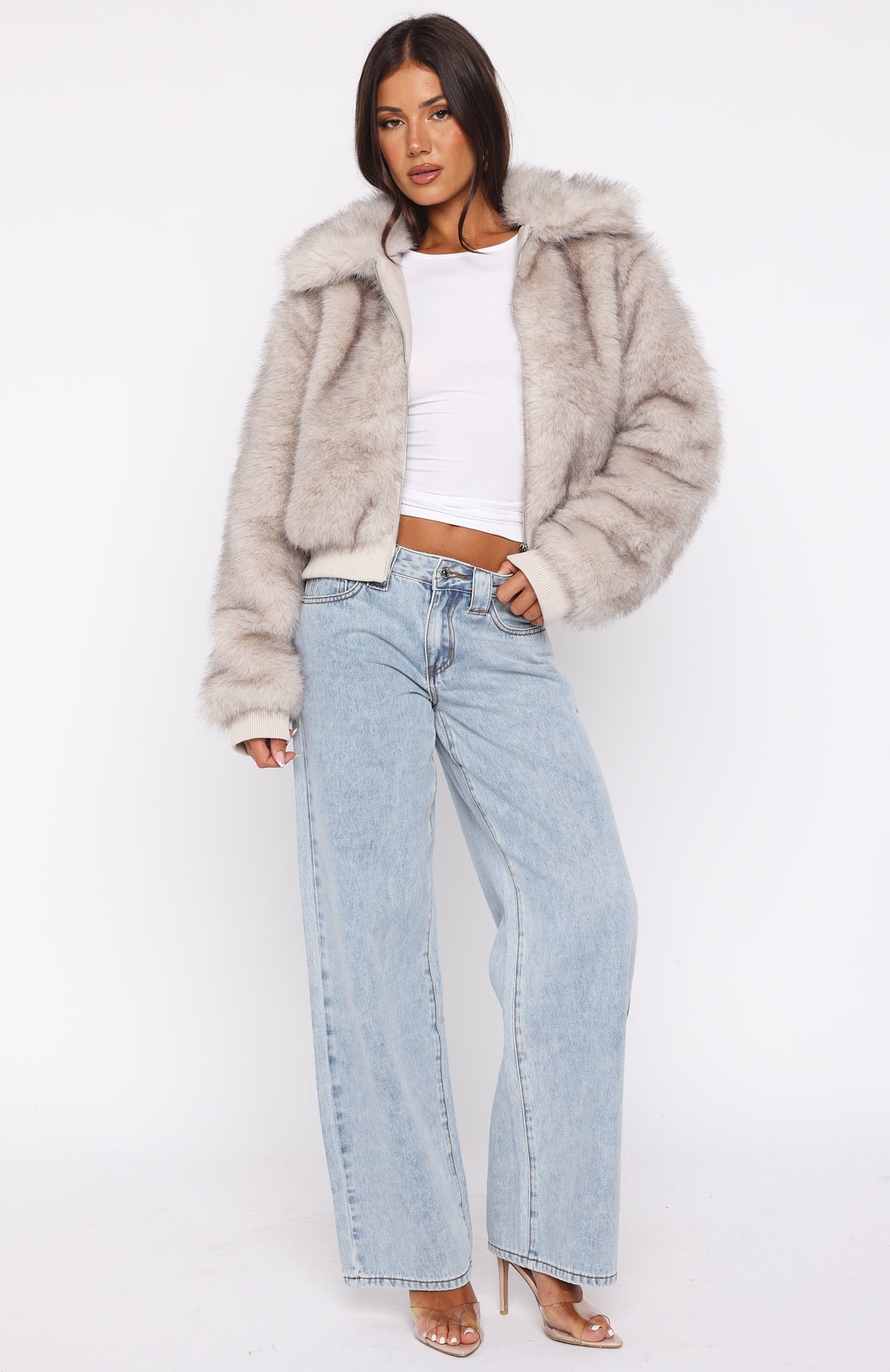 Glacial Chic Fur Bomber Jacket Smokey Taupe - Image 5