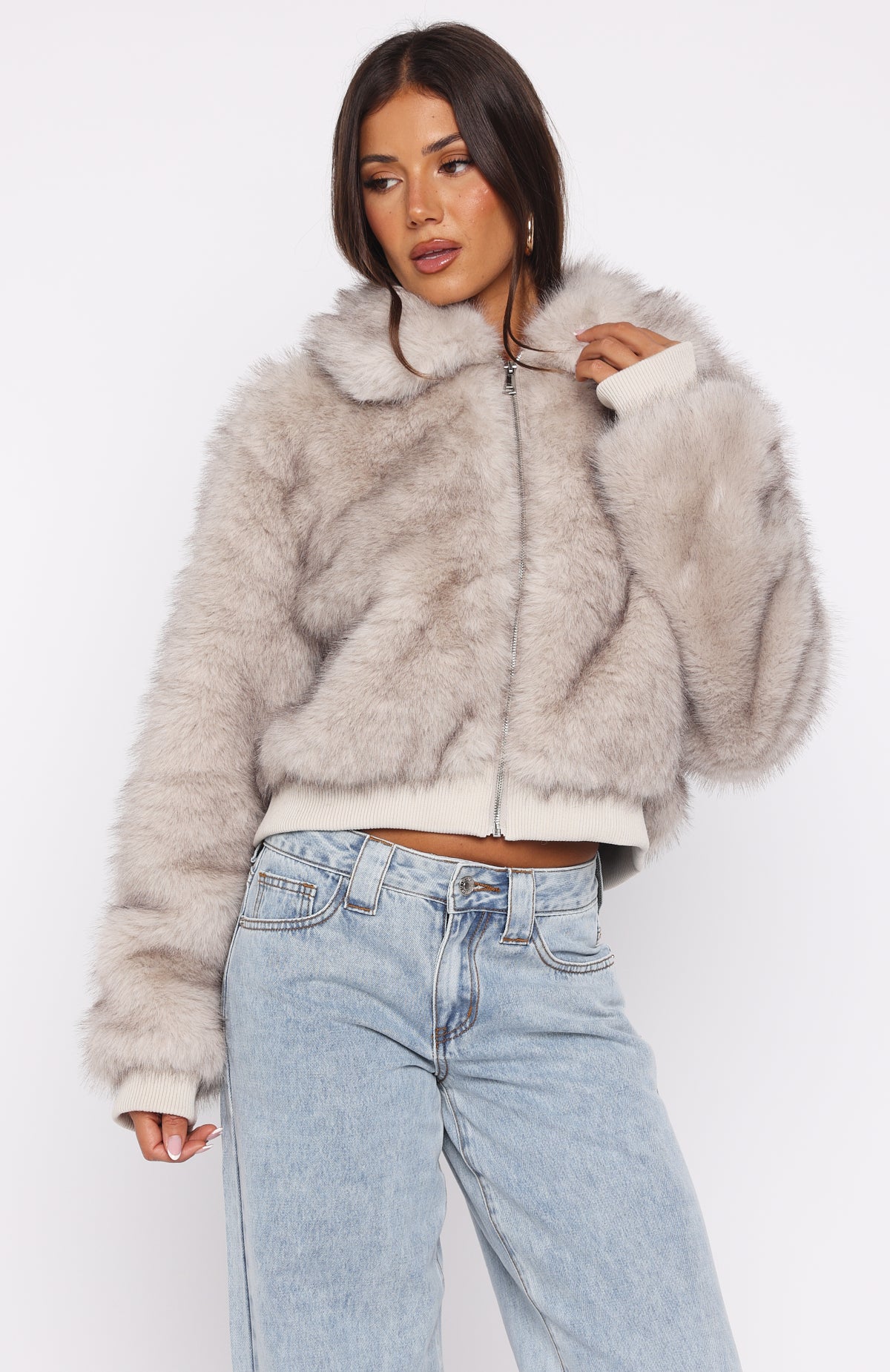 Glacial Chic Fur Bomber Jacket Smokey Taupe - Image 2