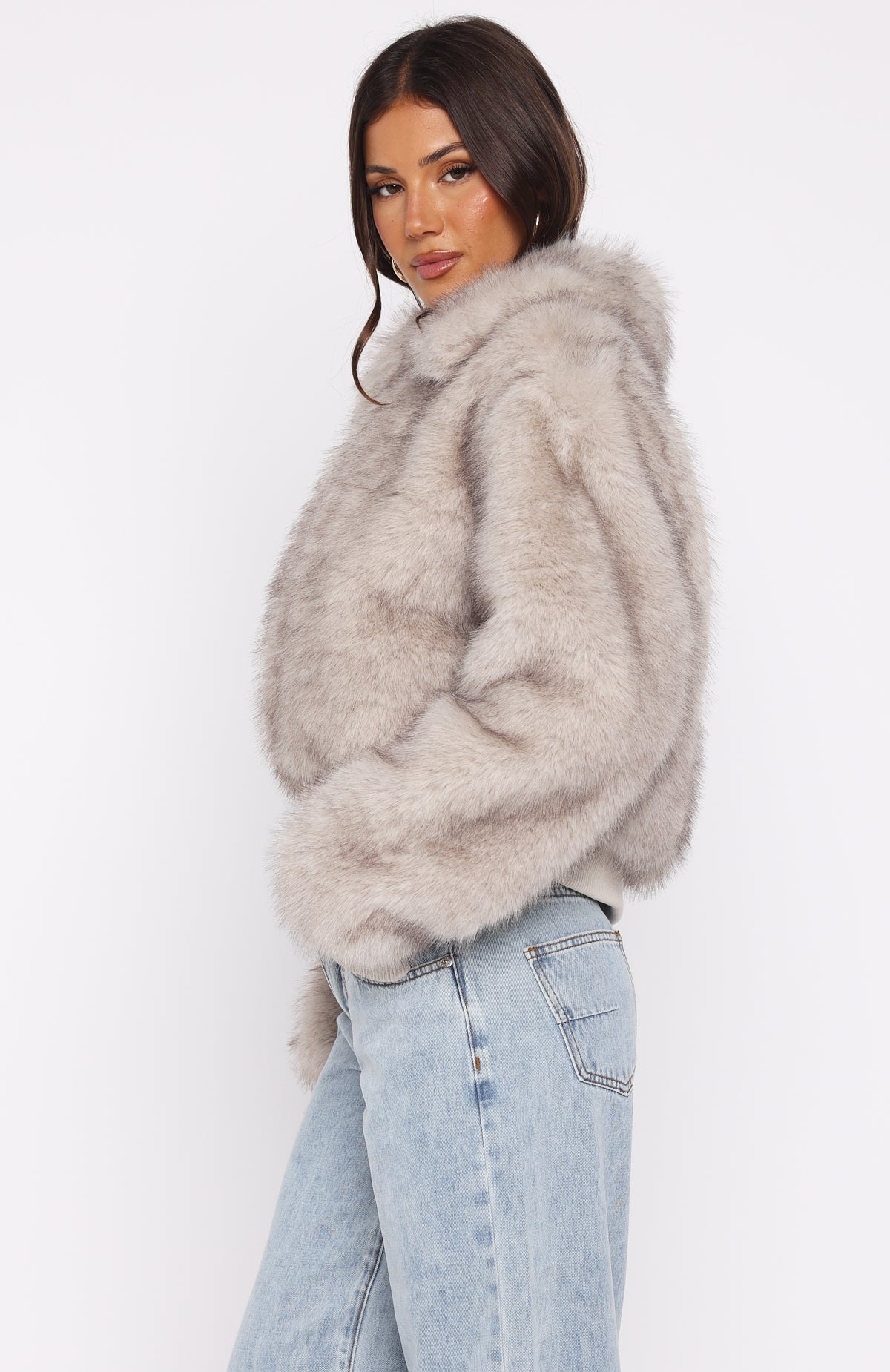 Glacial Chic Fur Bomber Jacket Smokey Taupe - Image 3