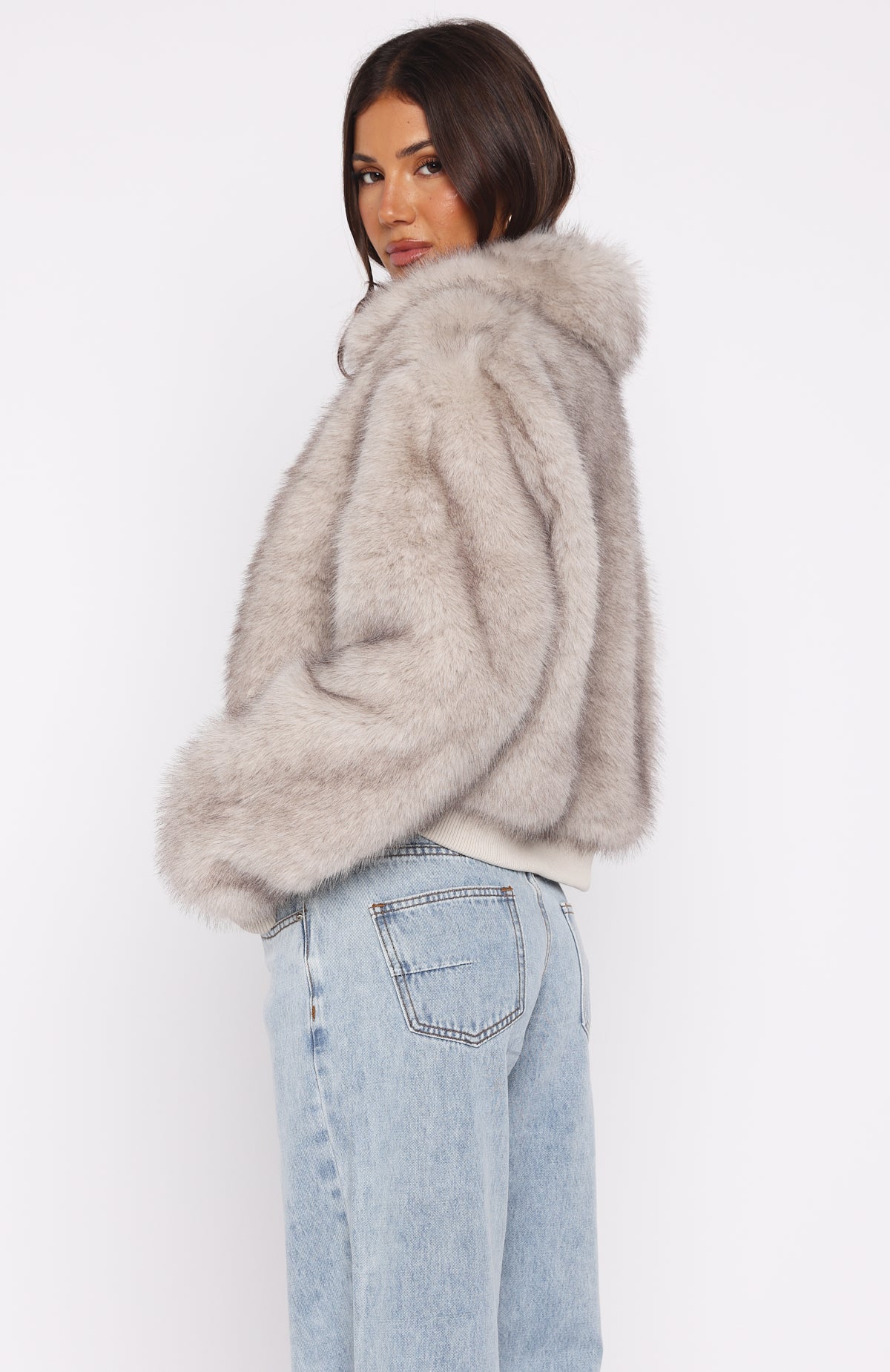 Glacial Chic Fur Bomber Jacket Smokey Taupe - Image 4