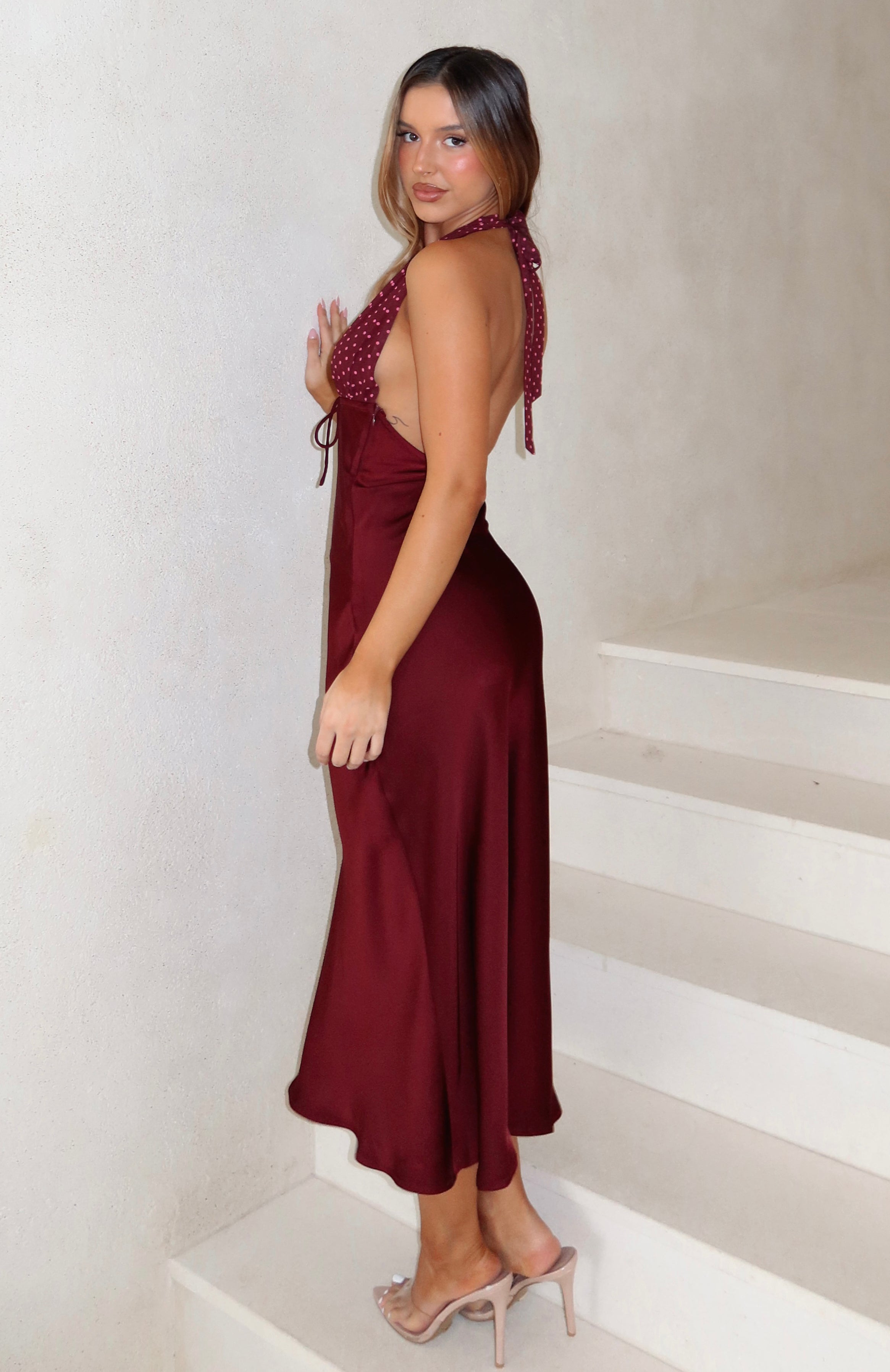 Guess You Miss Me Halter Maxi Dress Burgundy/Pink Dot - Image 2