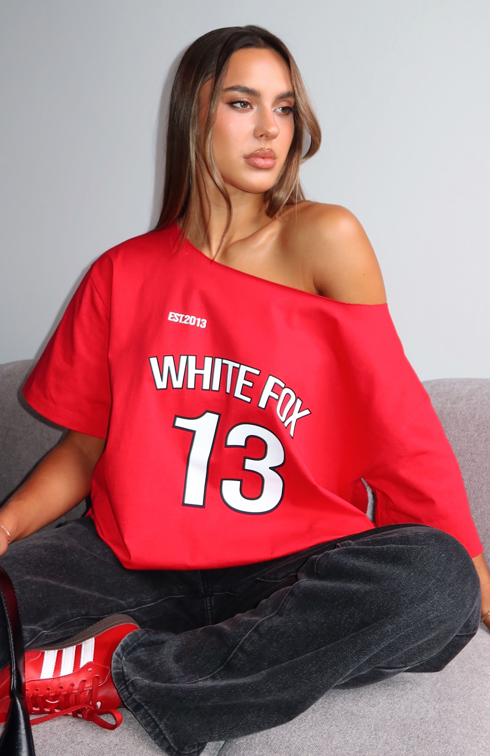 Latest Passion Off Shoulder Oversized Tee Red - Image 5