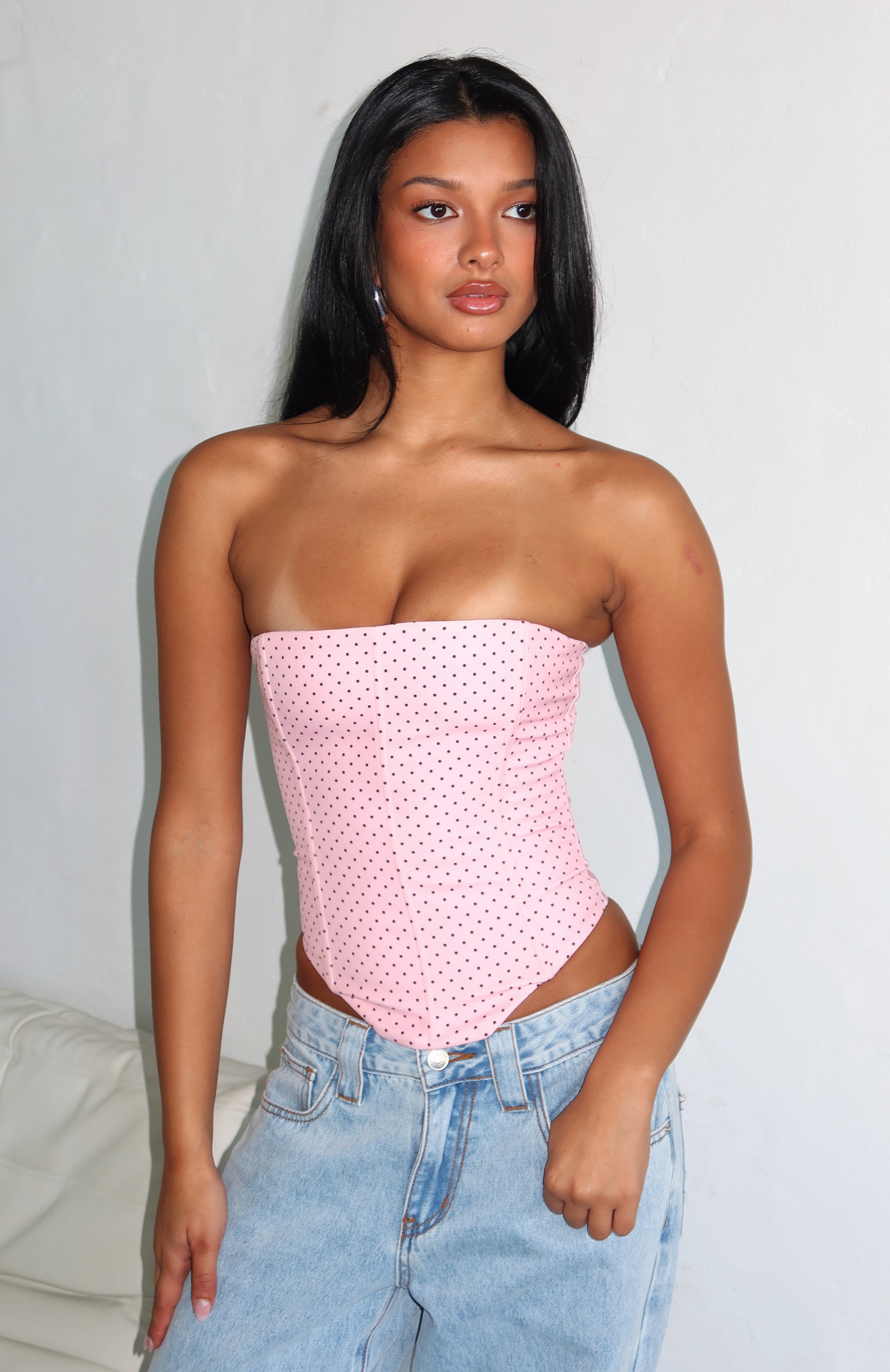 Let It Go Strapless Bustier Pink Polka Dot