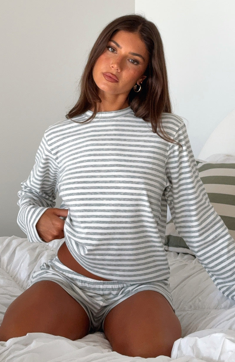 Slow Life Long Sleeve Pyjama Top Grey/White Stripe - Image 5