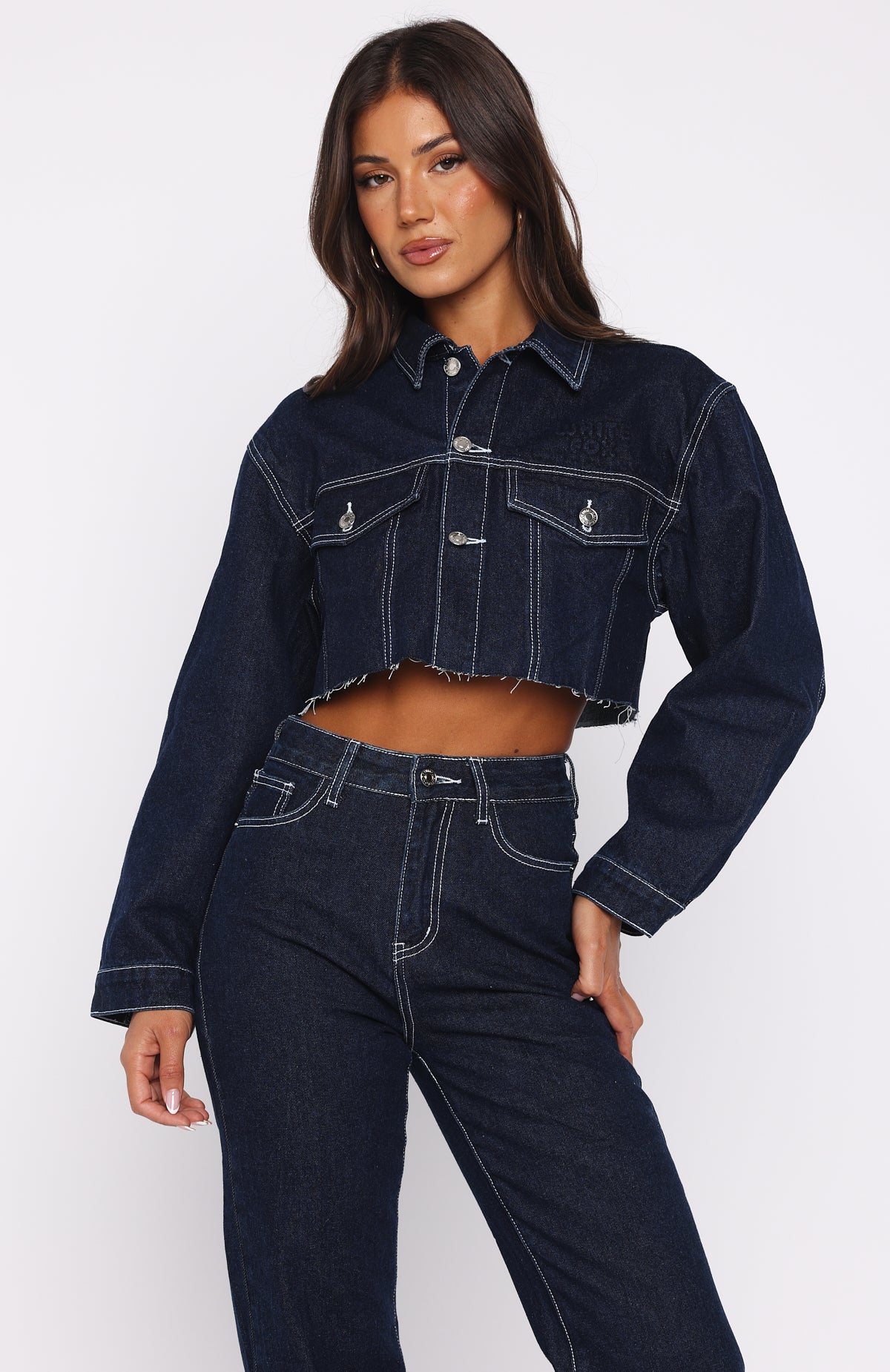 Something To Prove Cropped Denim Jacket Dark Indigo - Image 3