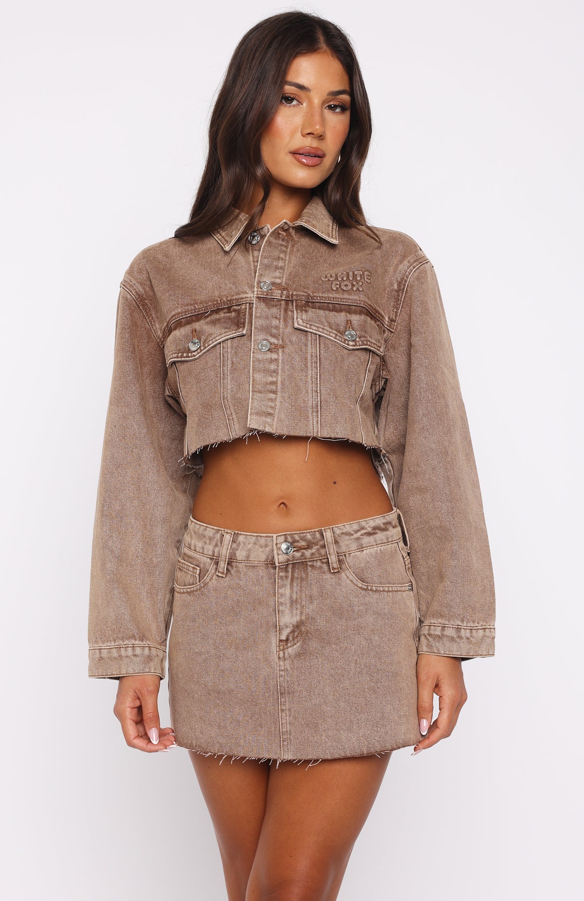 Something To Prove Cropped Denim Jacket Tan Wash - Image 2