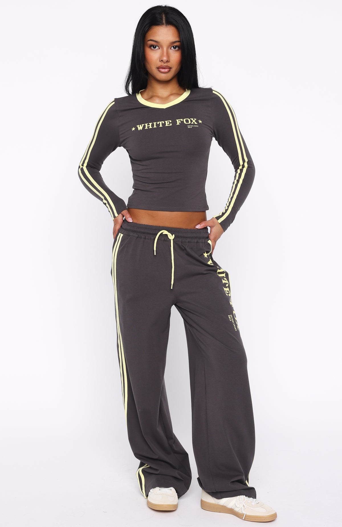 Star Of The Night Long Sleeve V Neck Baby Tee Charcoal - Image 5