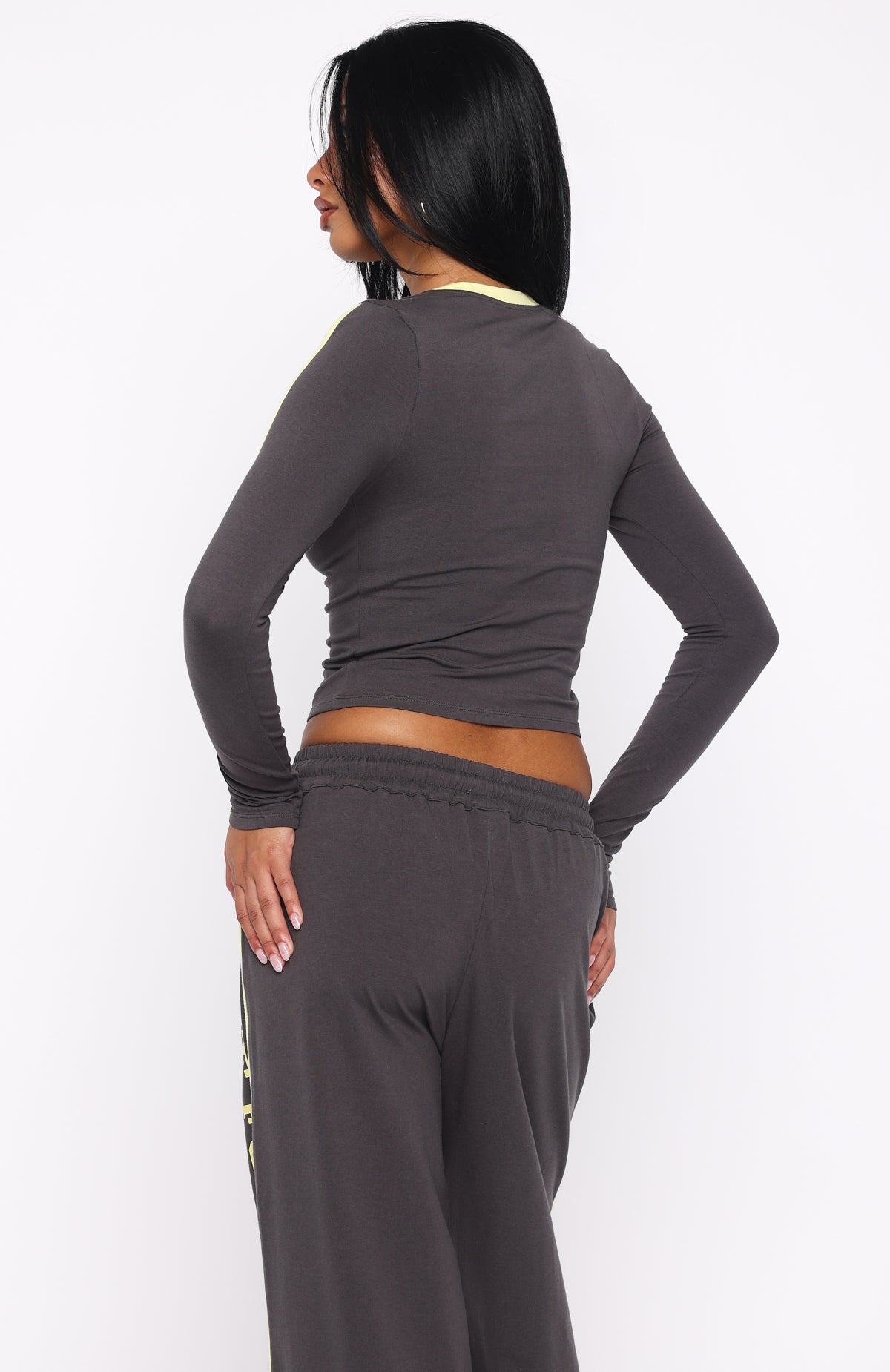 Star Of The Night Long Sleeve V Neck Baby Tee Charcoal - Image 4