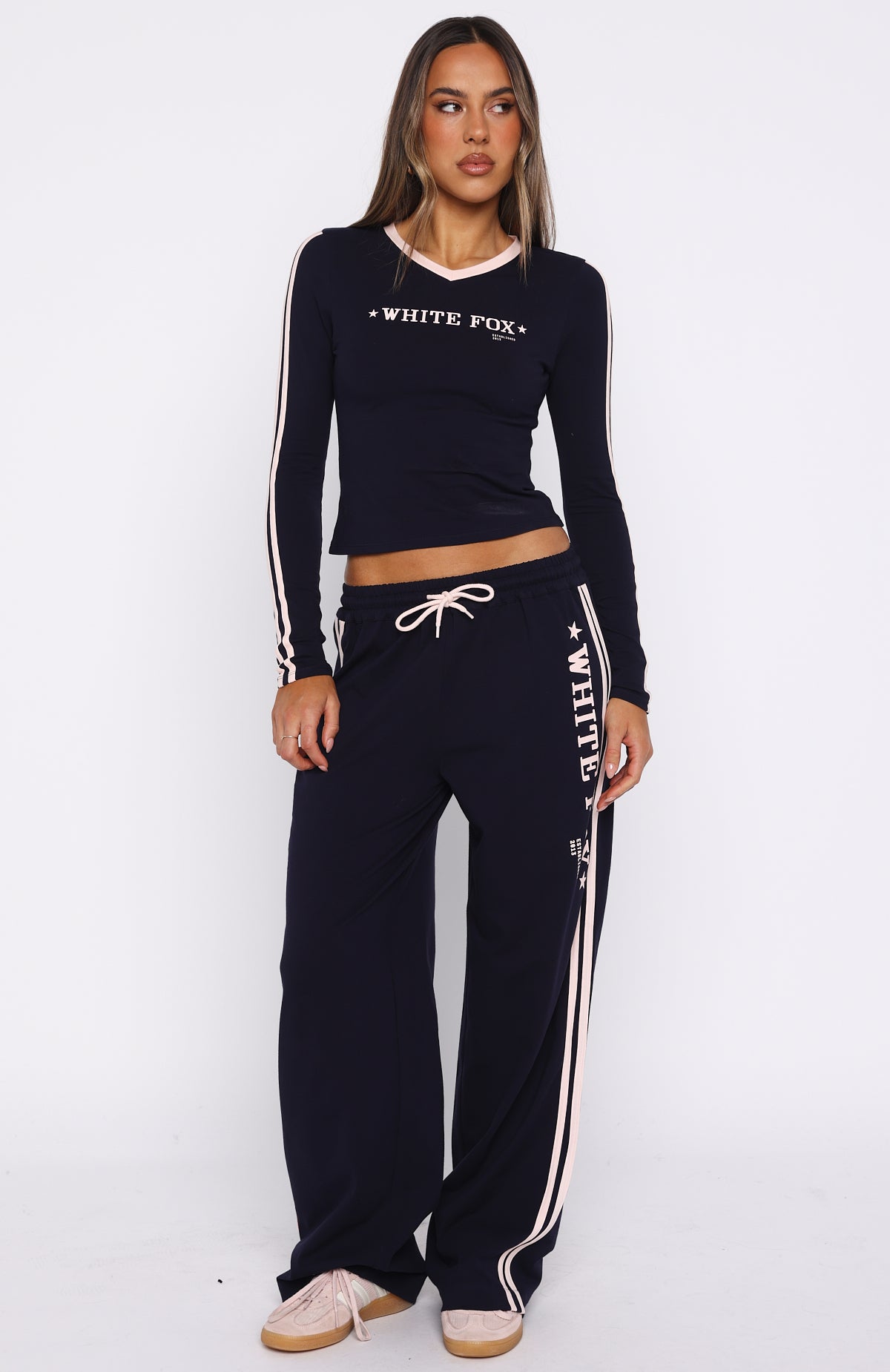 Star Of The Night Long Sleeve V Neck Baby Tee Navy - Image 5