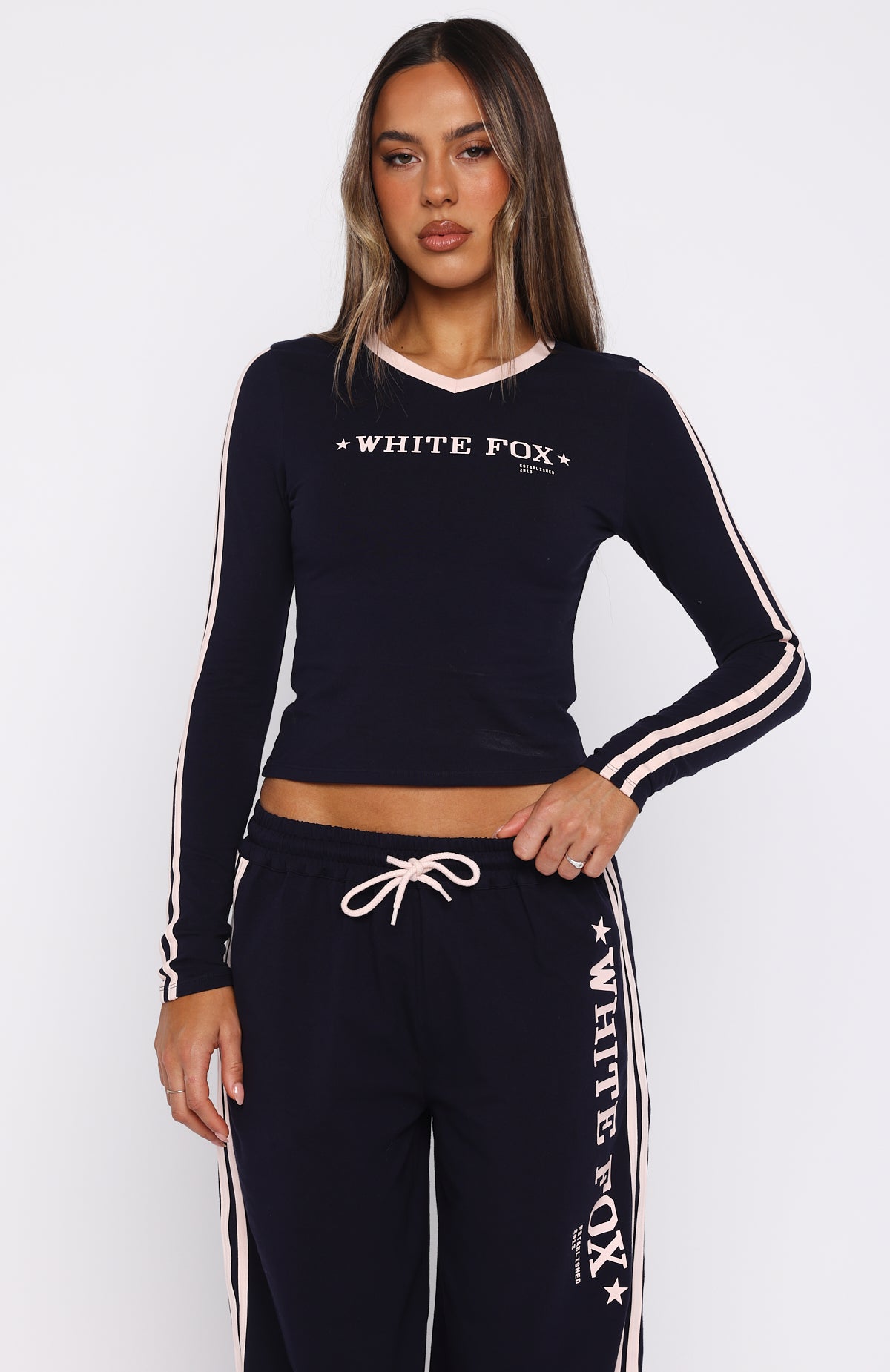 Star Of The Night Long Sleeve V Neck Baby Tee Navy - Image 2