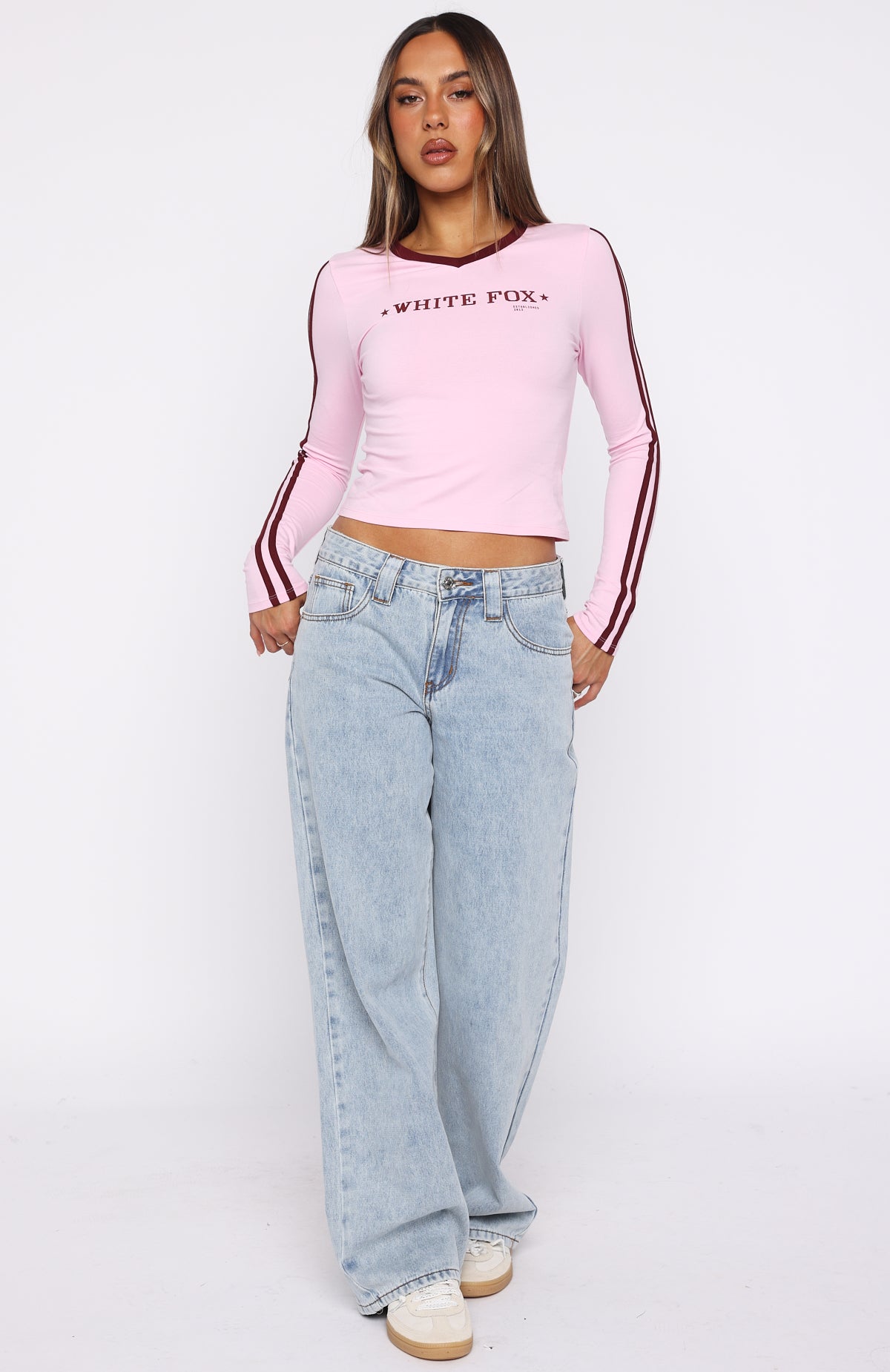 Star Of The Night Long Sleeve V Neck Baby Tee Pink - Image 5