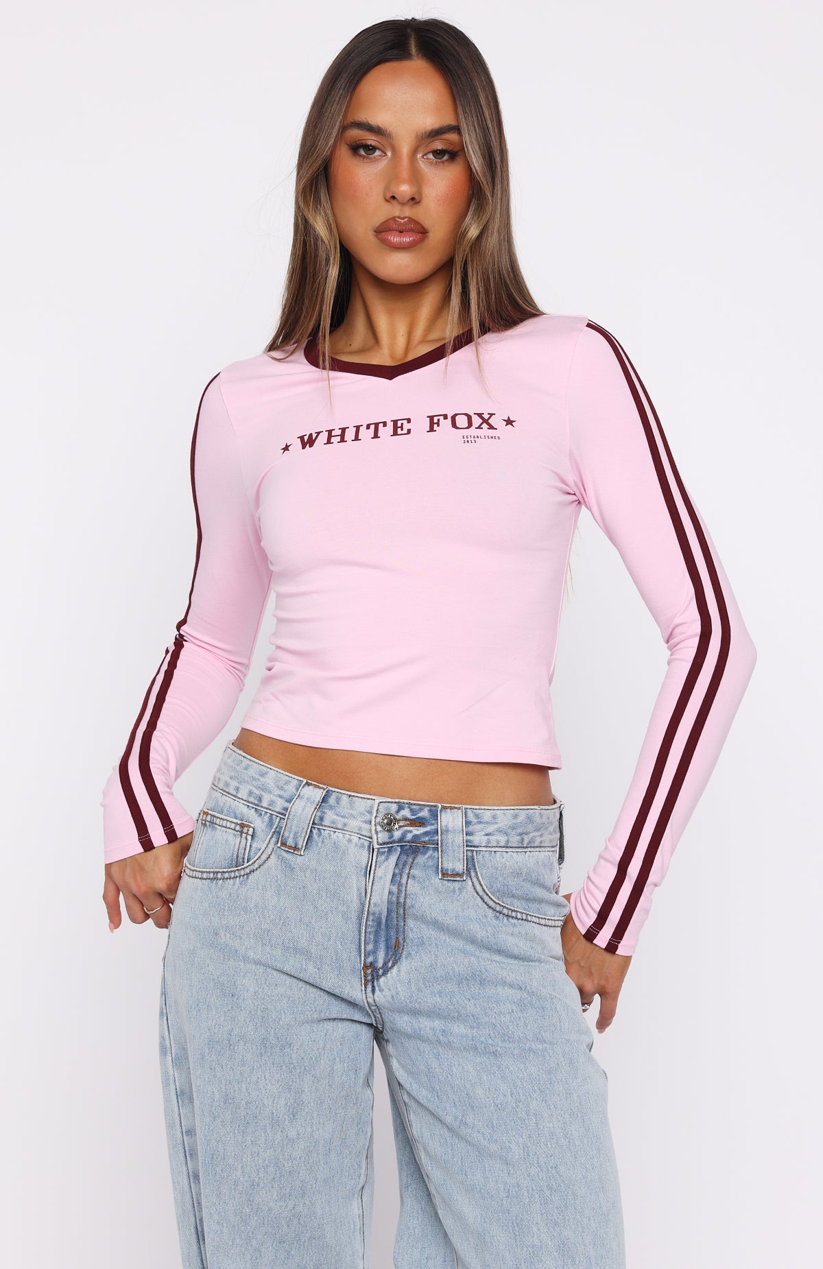 Star Of The Night Long Sleeve V Neck Baby Tee Pink - Image 2