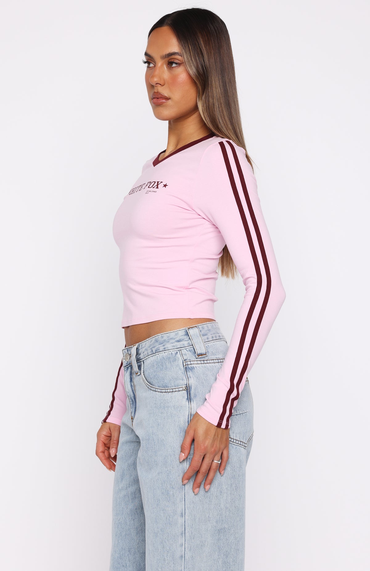 Star Of The Night Long Sleeve V Neck Baby Tee Pink - Image 3