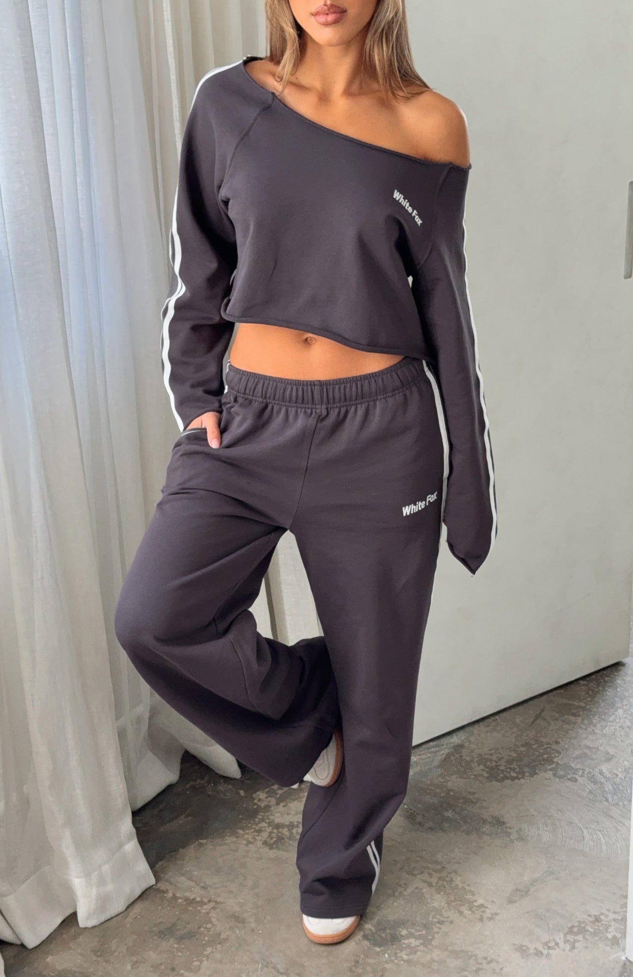 Star Student Cropped Off Shoulder Sweater Charcoal - Image 5