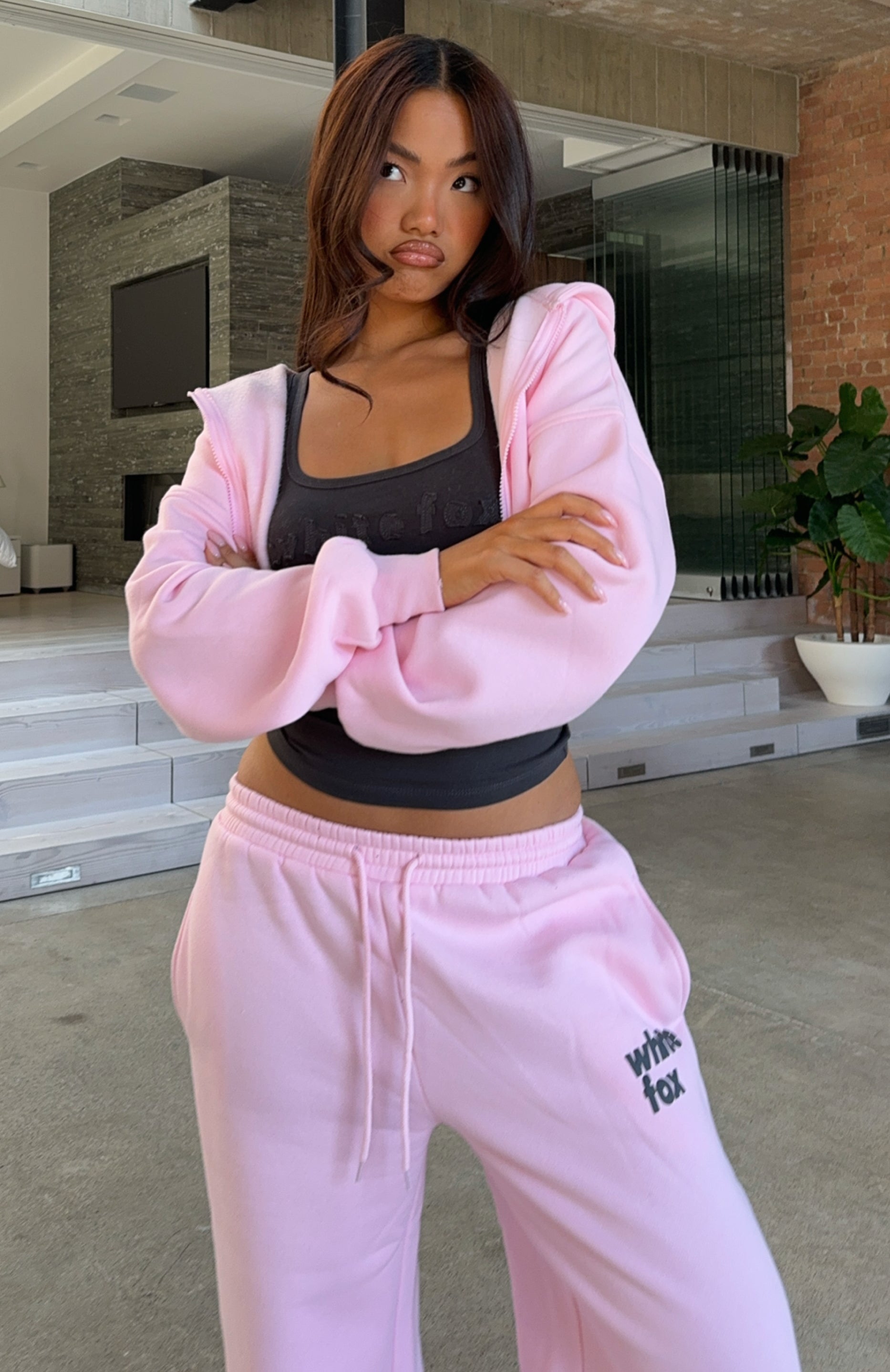 From The Archives Charli Cropped Zip Front Hoodie Pink - Image 2