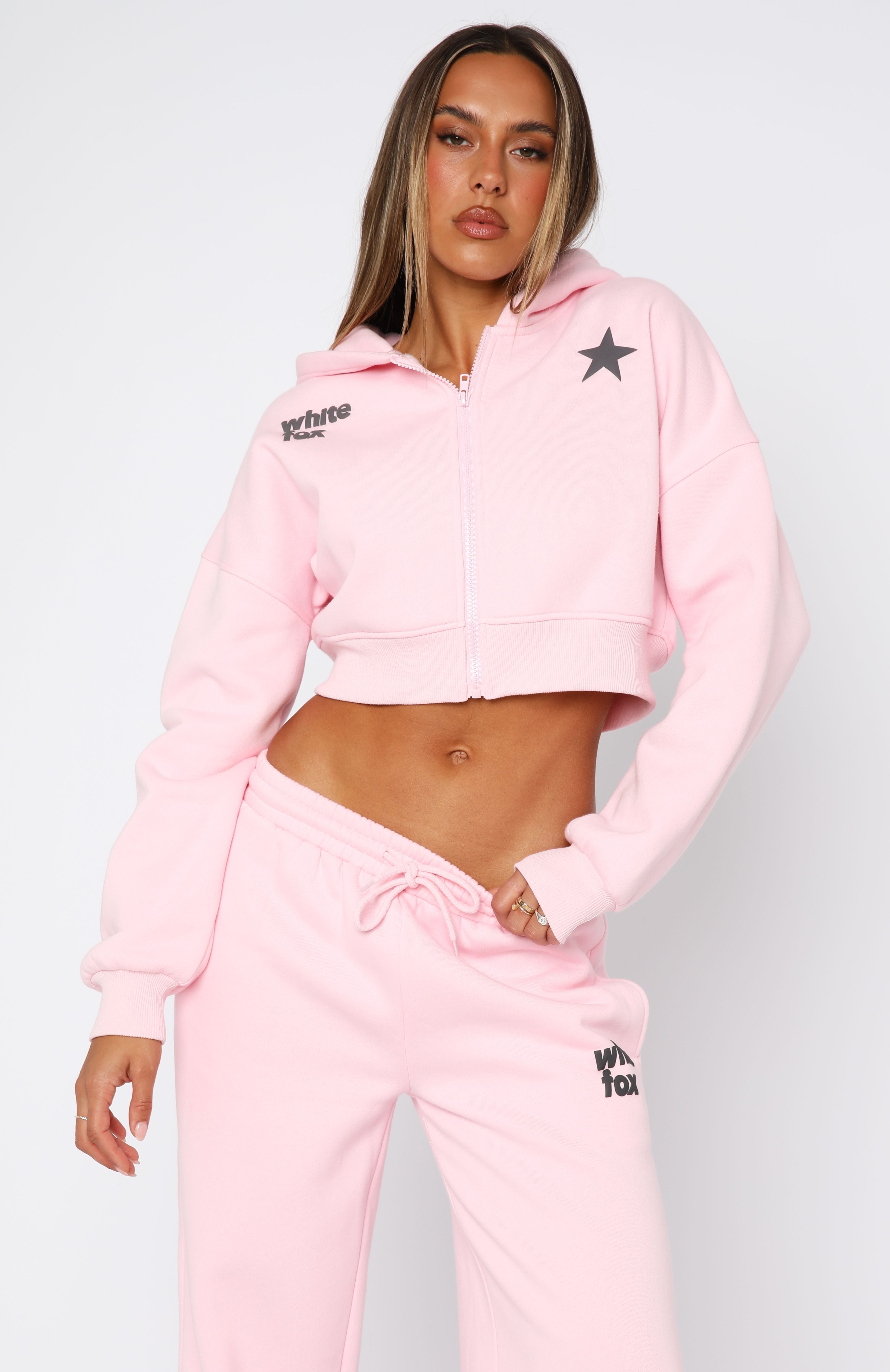 From The Archives Charli Cropped Zip Front Hoodie Pink - Image 3